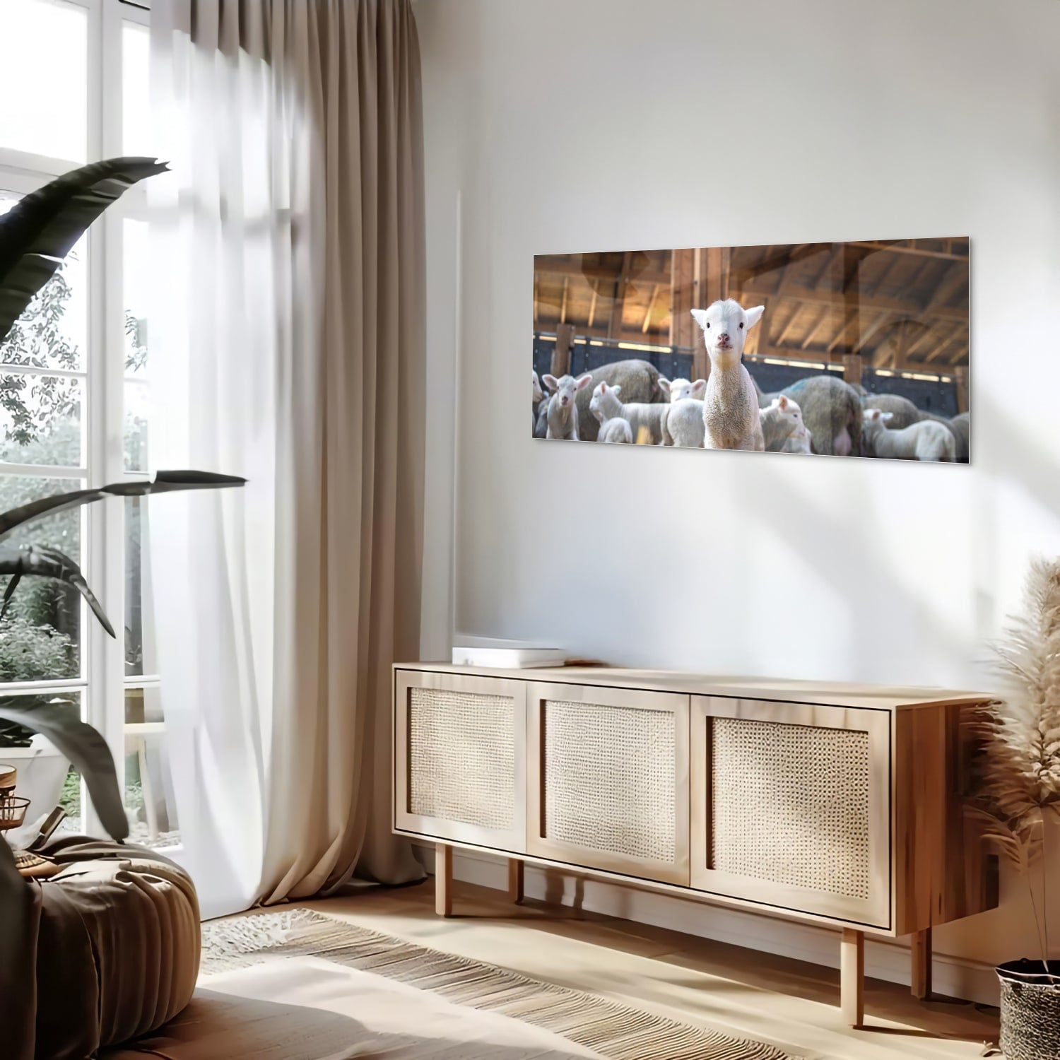 Glazen schilderij met lammetjes in een stal, perfect voor huisdecoratie.
