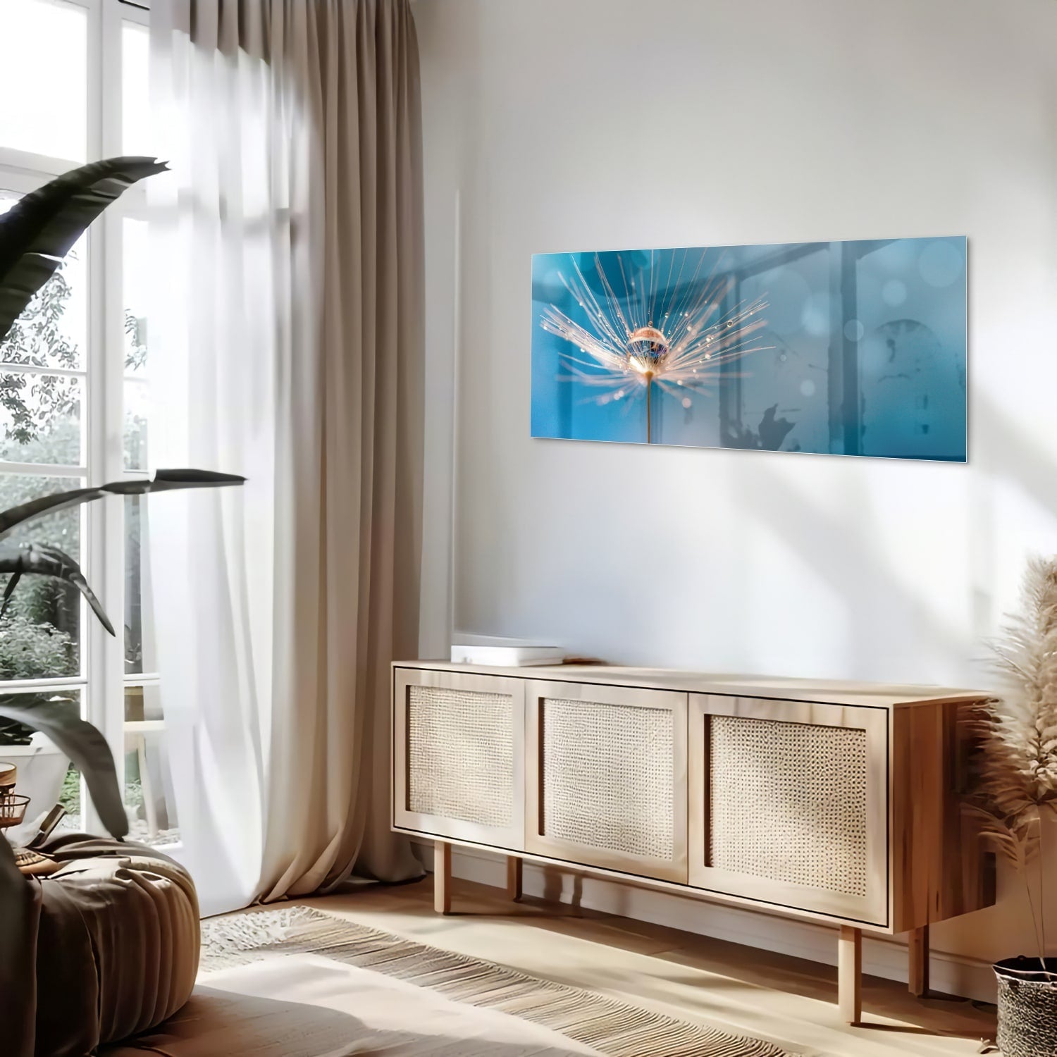 Glazen schilderij van een dandelion op een blauwe achtergrond