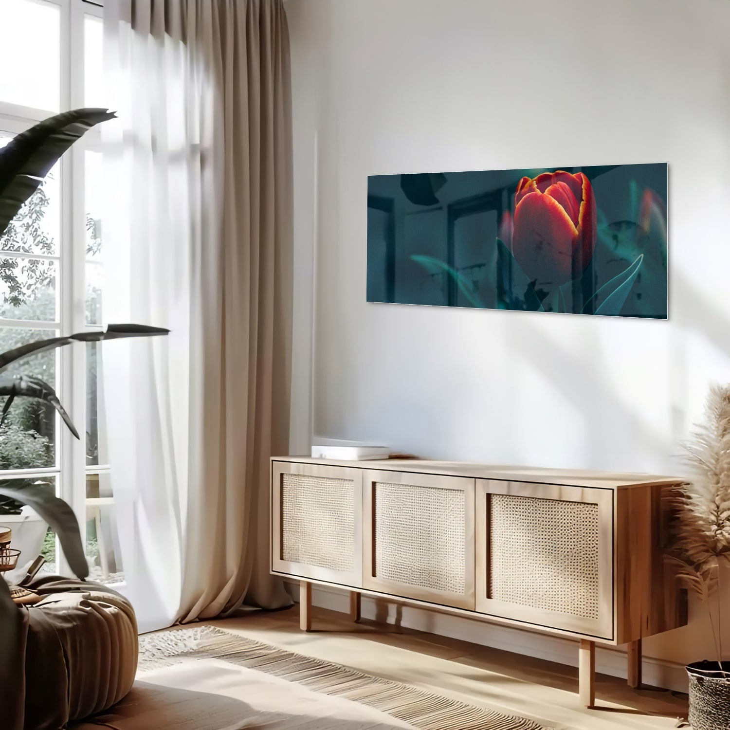 Glas schilderij van een rode tulp aan de muur in een modern interieur