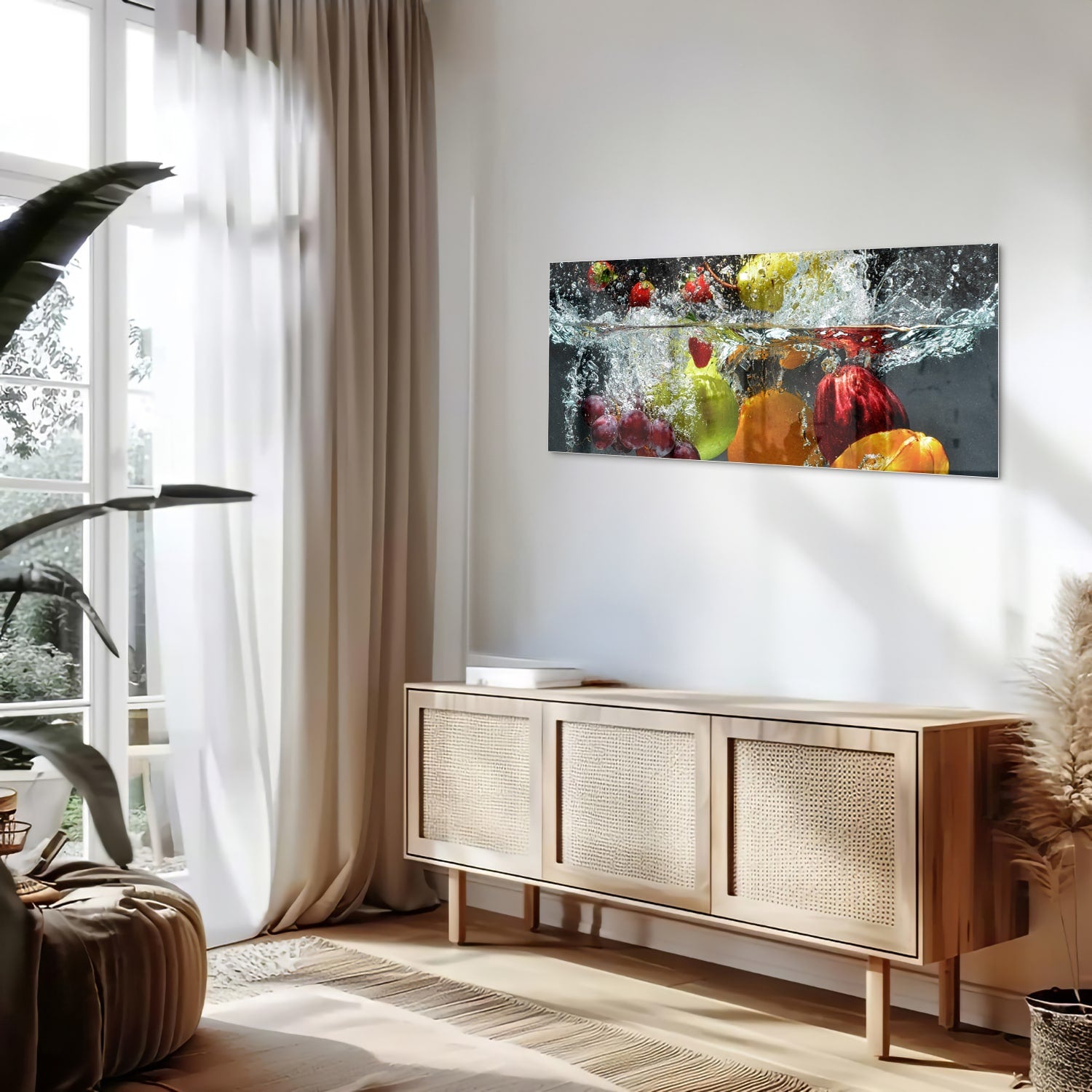 Glazen schilderij met kleurrijk fruit en sprankelend water