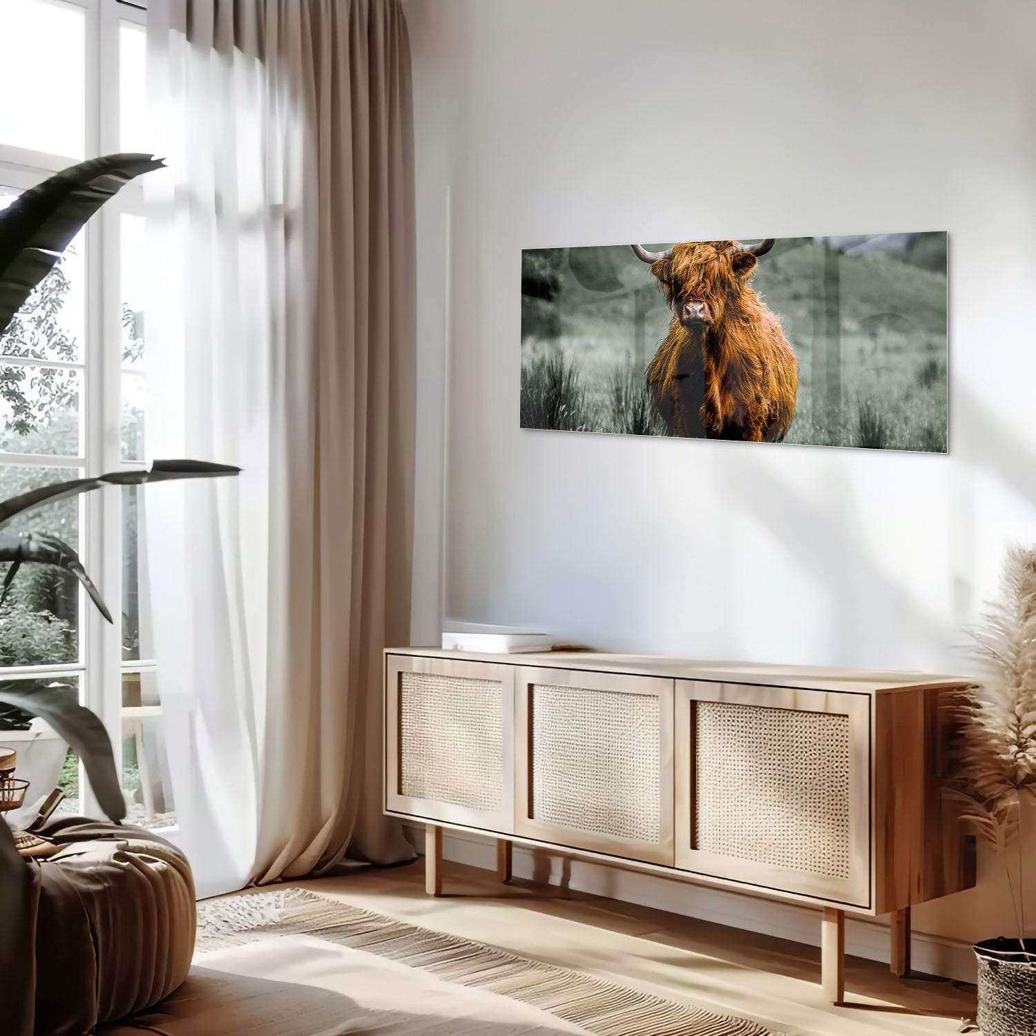 Schots Hooglander schilderij op glas in een groene omgeving.