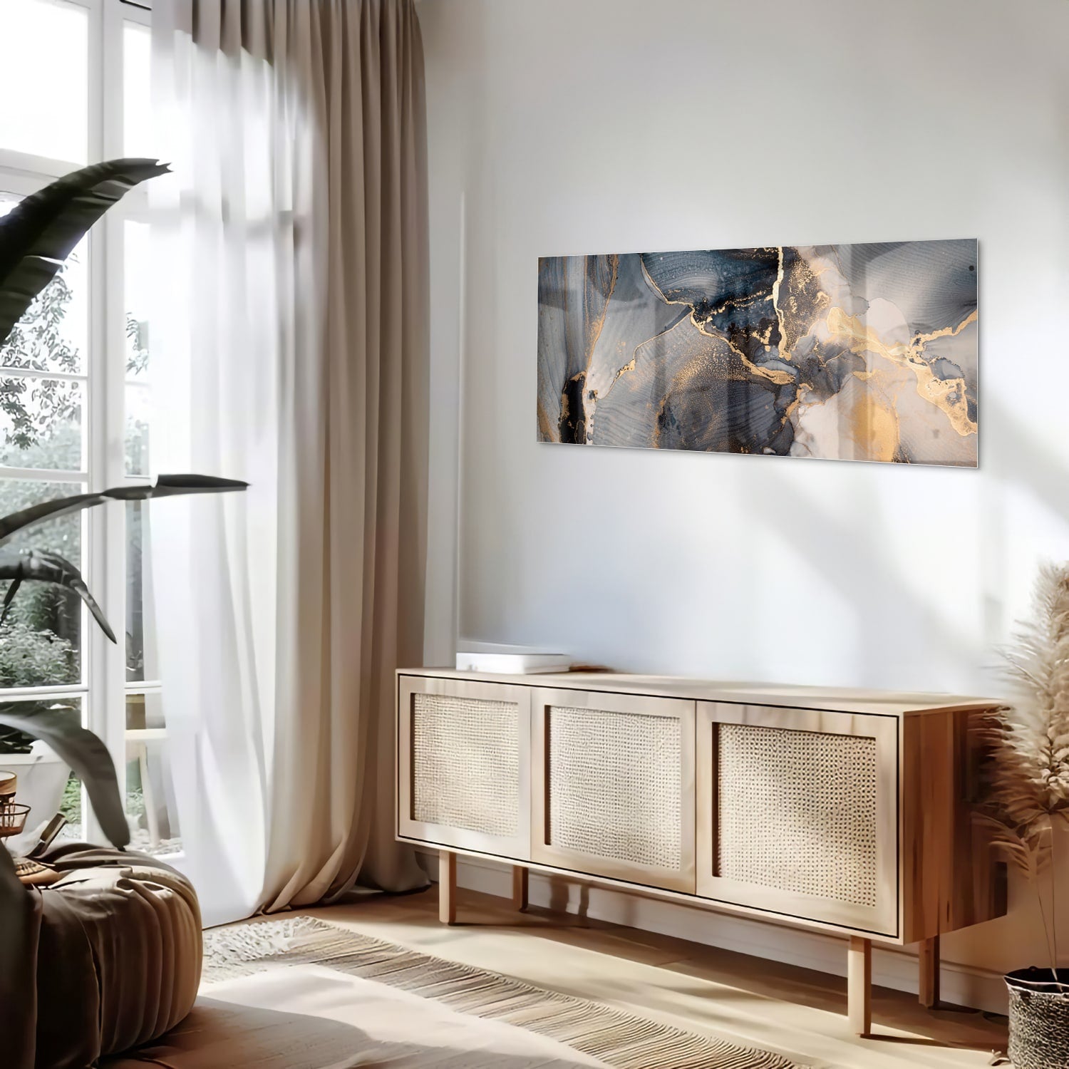 Elegant glazen schilderij met blauwe en gouden abstracte lagen