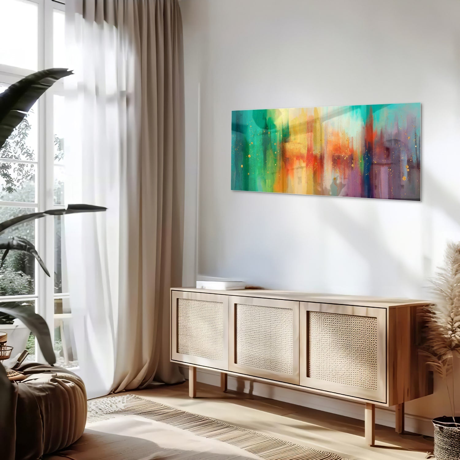 Abstract kleurrijk glazen schilderij aan de muur in een moderne woonkamer.