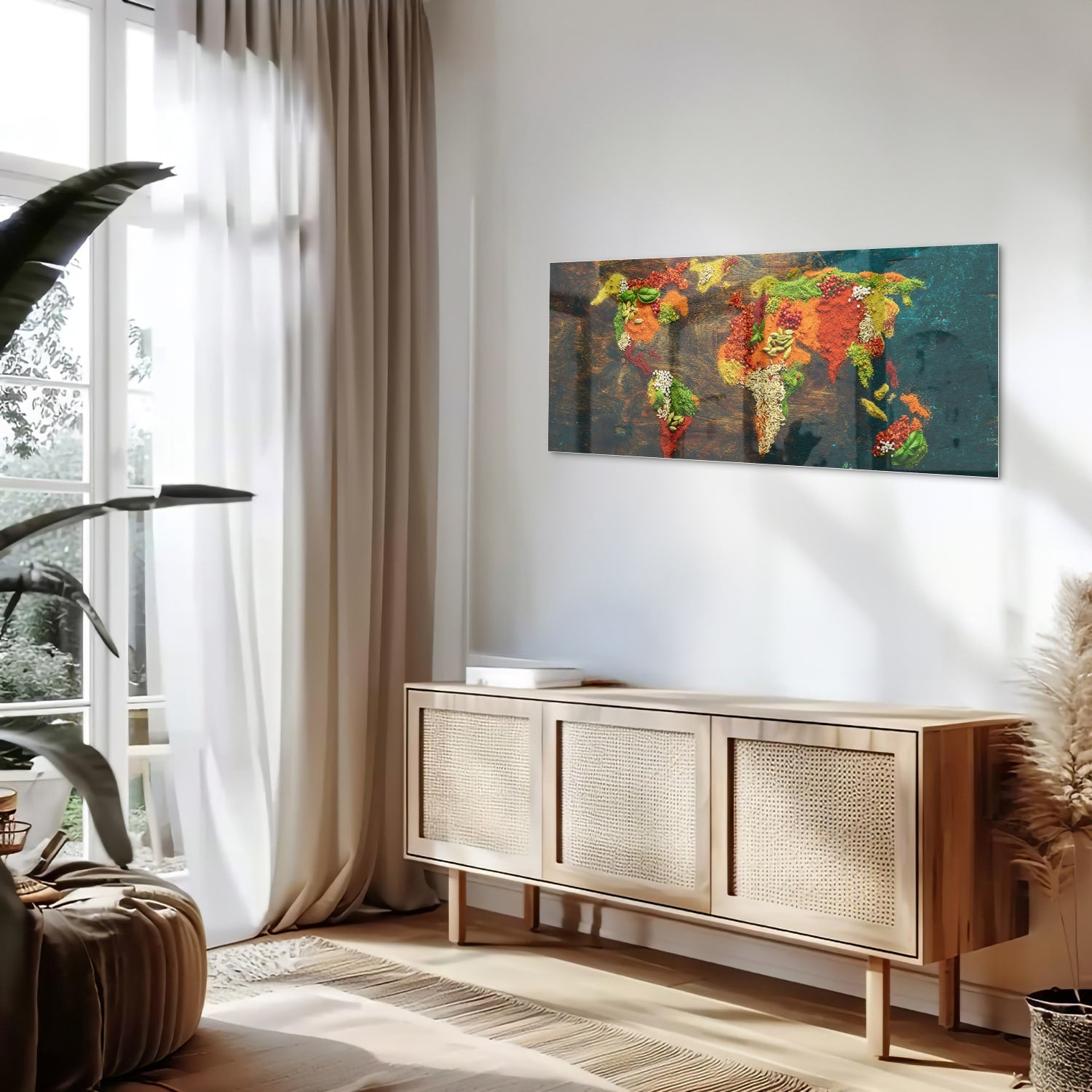 Kleurrijke glazen schilderij van een wereldkaart in een moderne woonkamer.