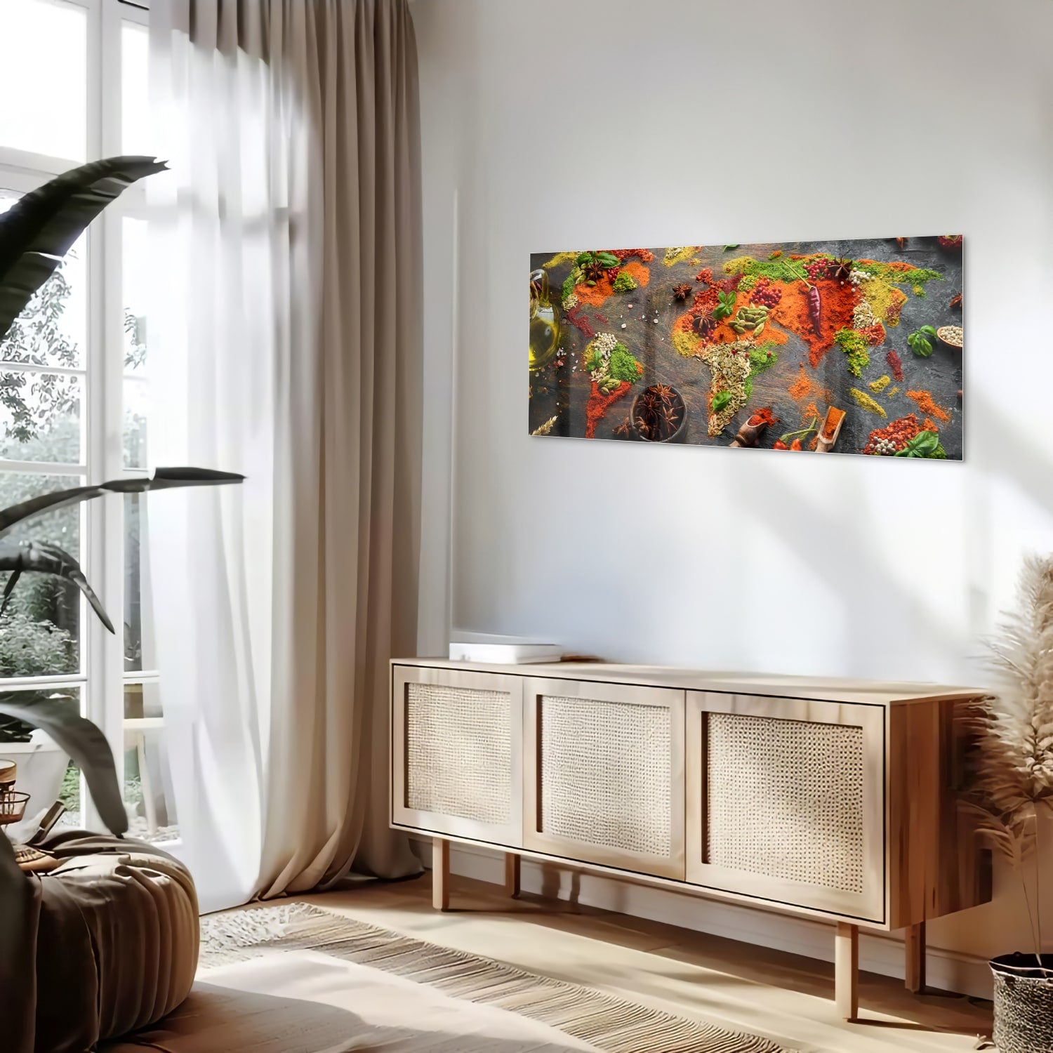Glazen schilderij met een kleurrijke voorstelling van specerijen en groenten.