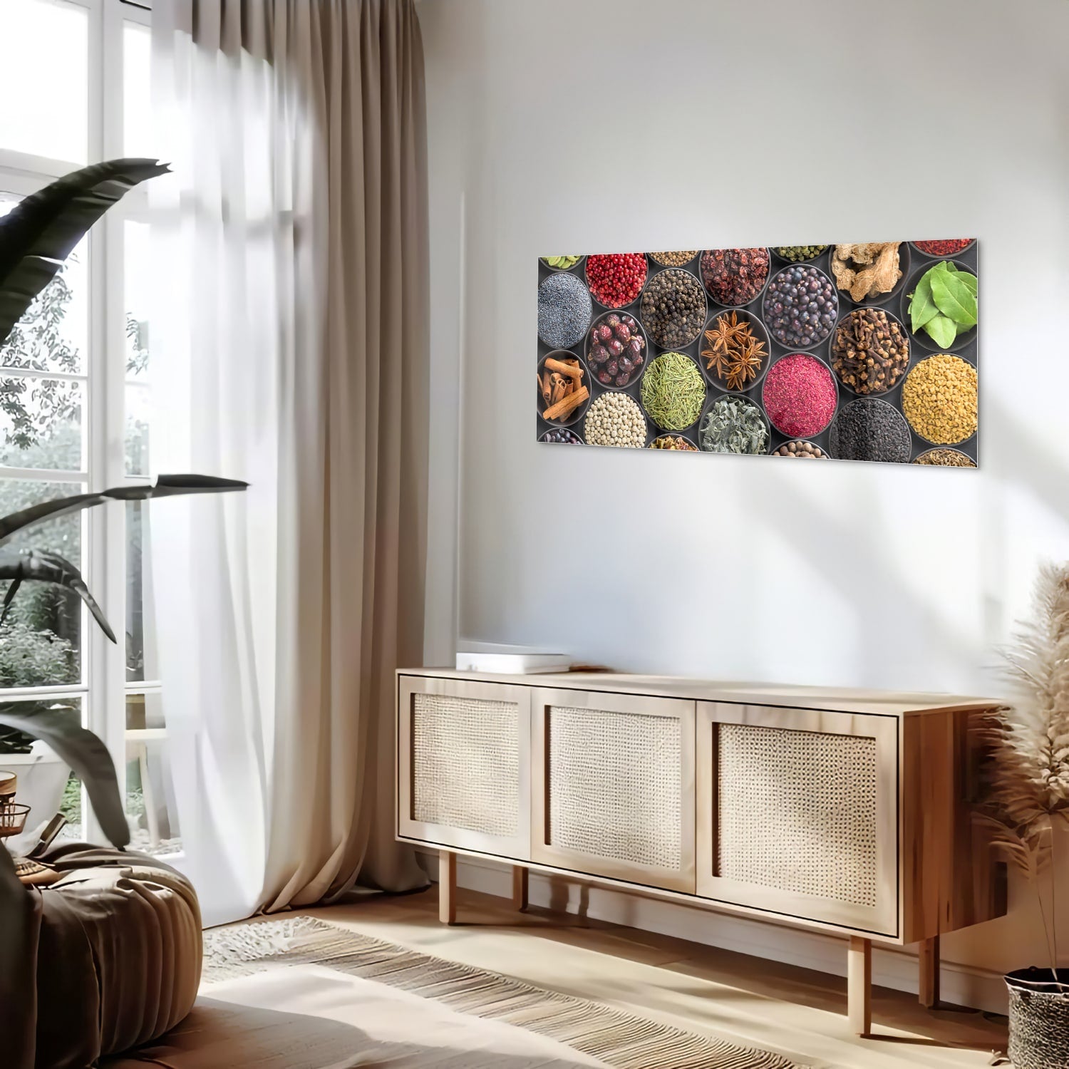 Kleurrijk glazen schilderij met diverse specerijen en kruiden in ronde schaaltjes