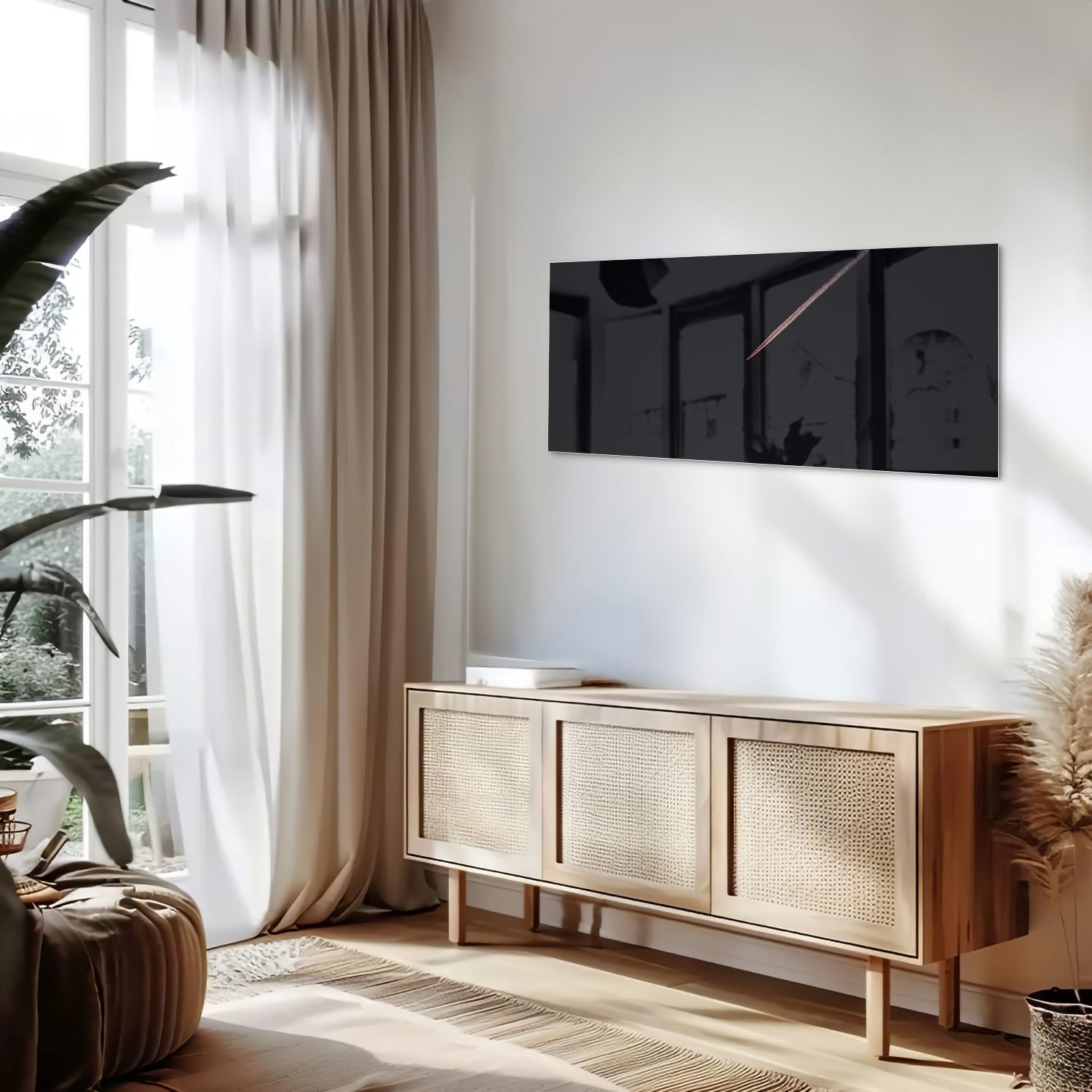 Modern glazen schilderij met zwarte achtergrond, geschikt voor stijlvolle interieurs.