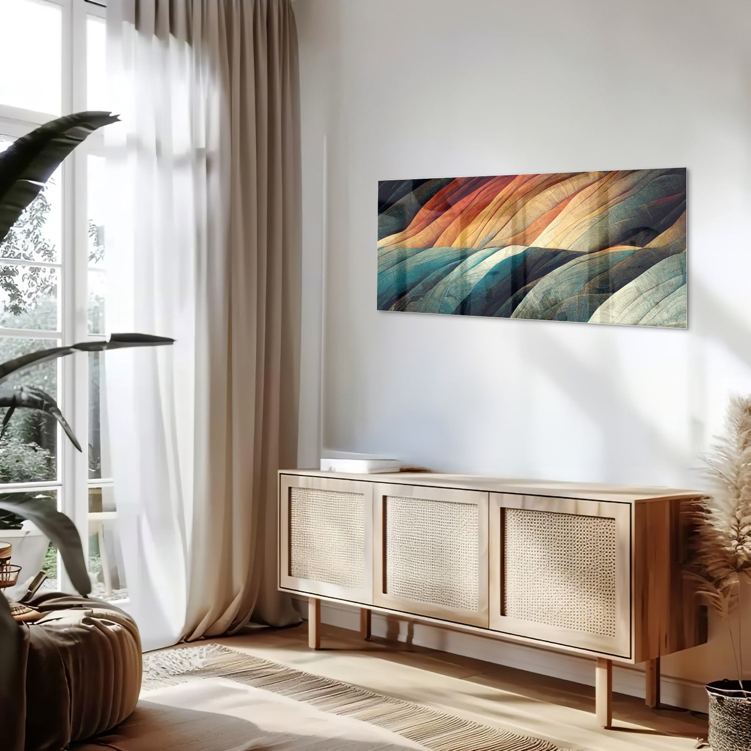 Abstract glazen schilderij met gekleurde golven in een moderne woonkamer.