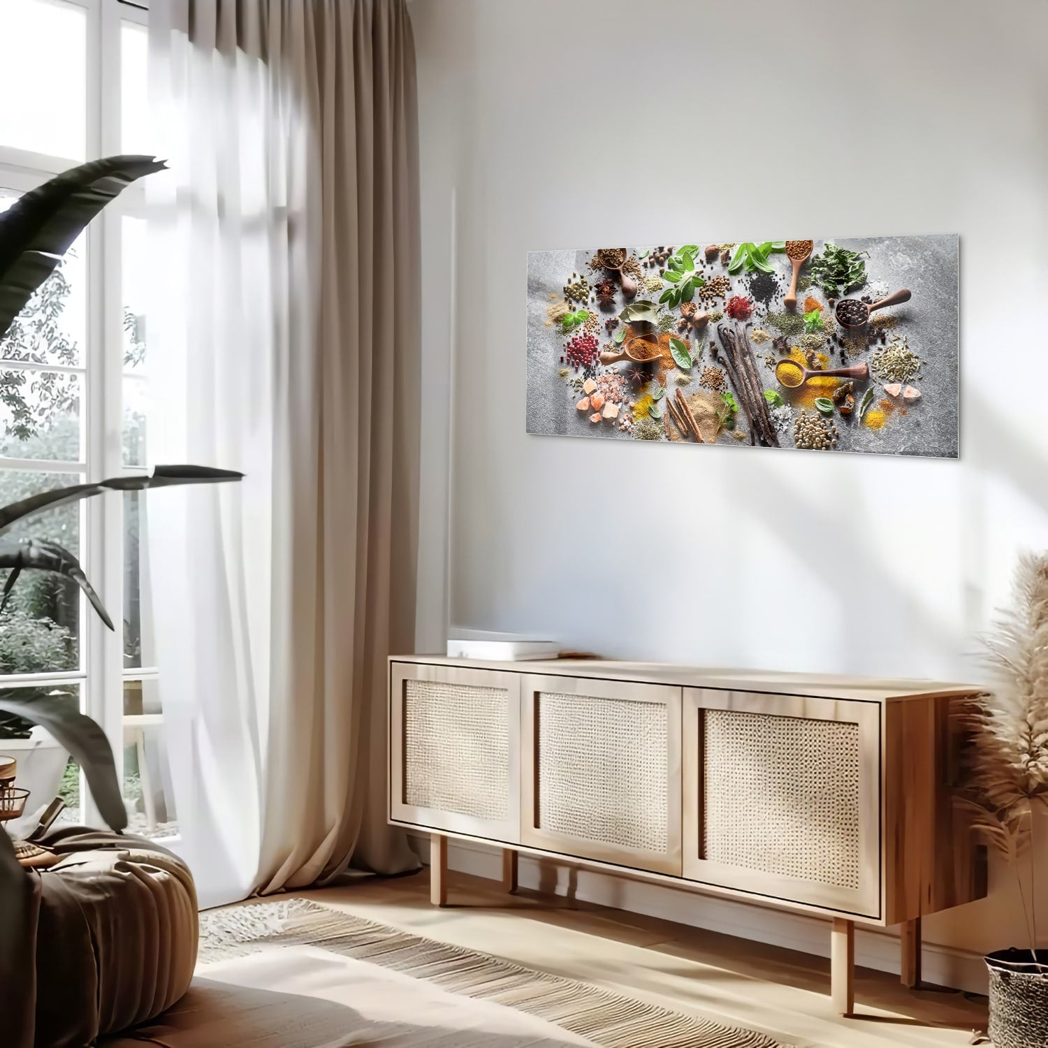 Glazen schilderij met een artistieke weergave van kruiden en specerijen in een gezellige keukenomgeving.