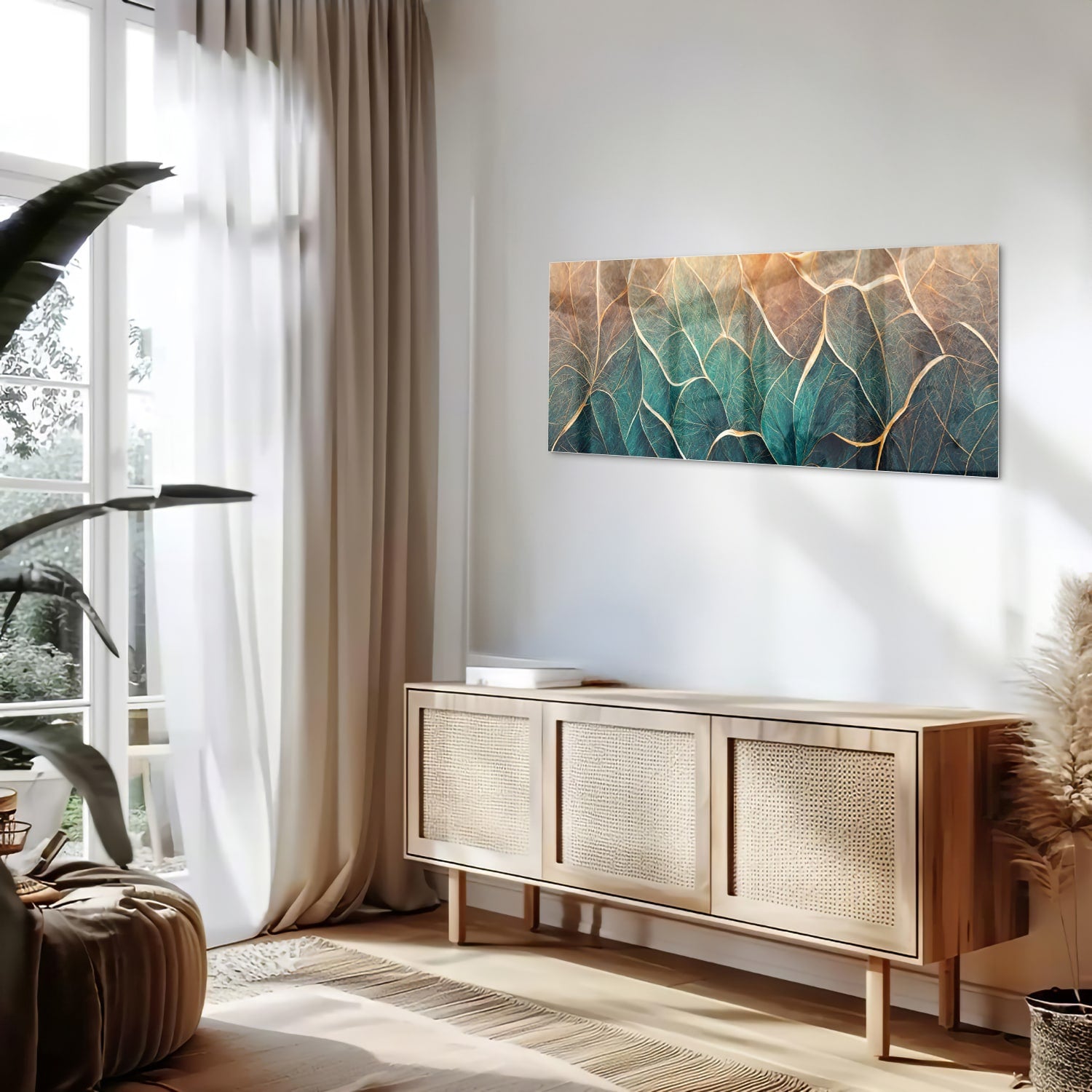 Prachtig glazen schilderij met bladeren in turquoise en gouden lijnen.