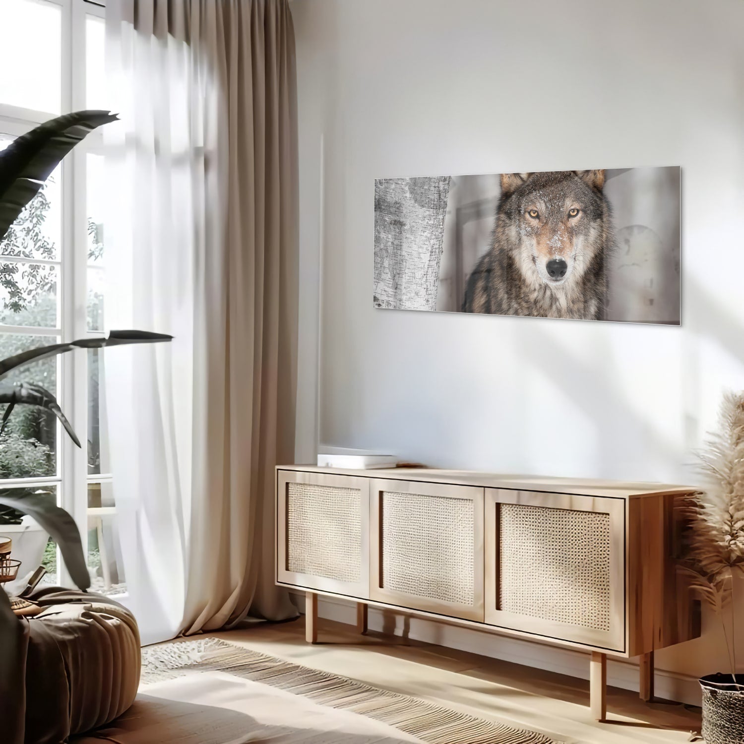 Glazen schilderij van een wolf met indrukwekkende blik in een interieur