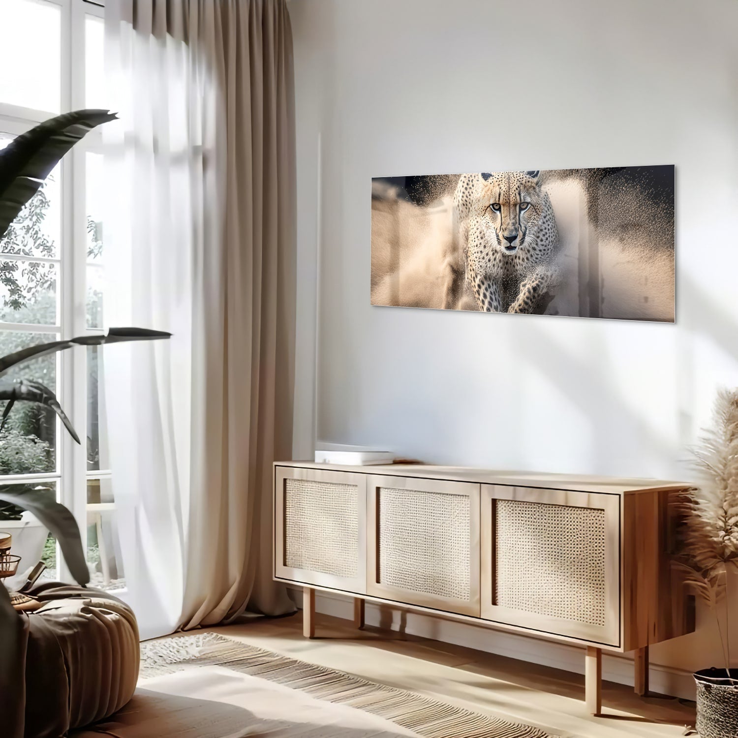 Glazen schilderij van een jachtluipaard die door zand rent in een moderne woonkamer.