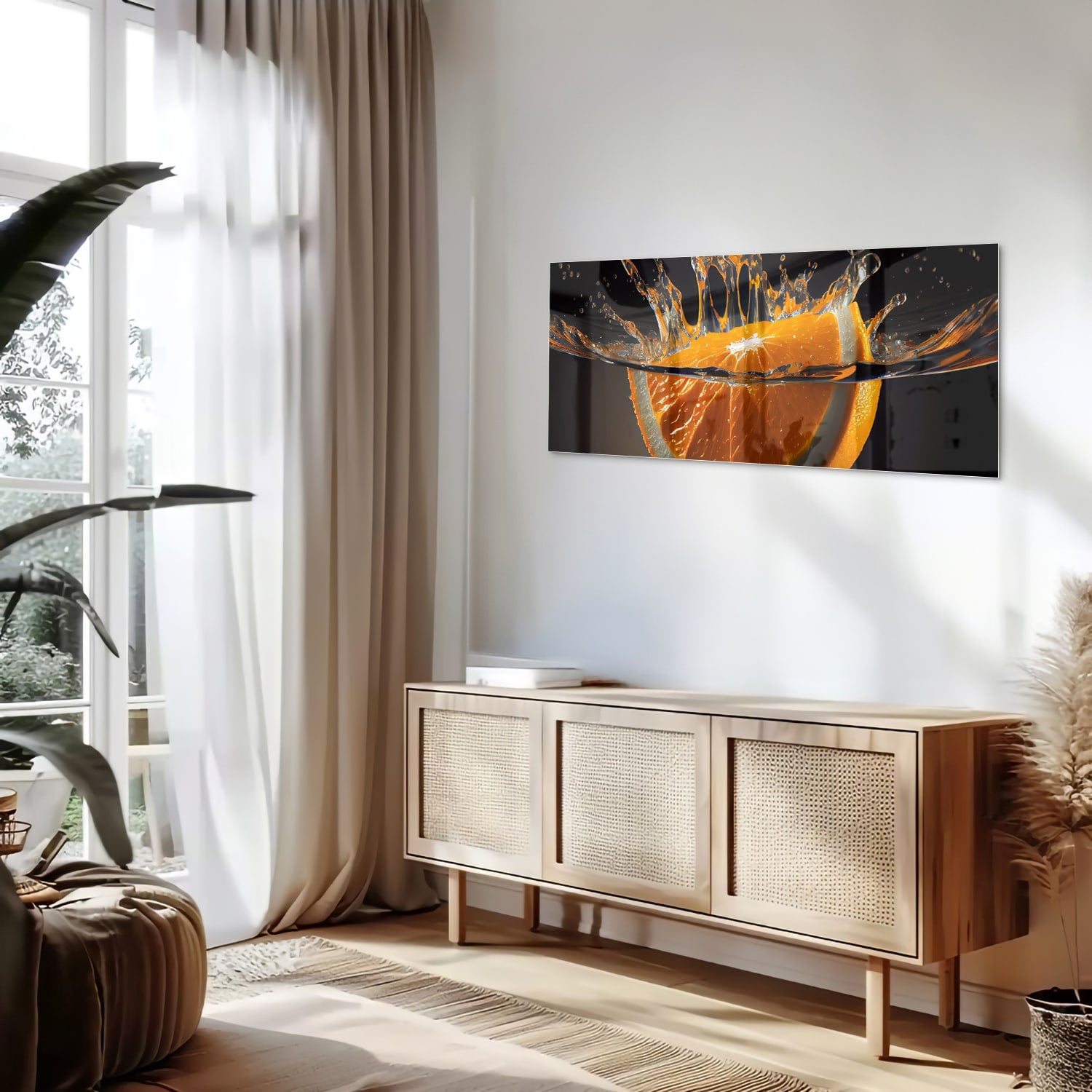 Glazen schilderij van een spetterende sinaasappel boven water.