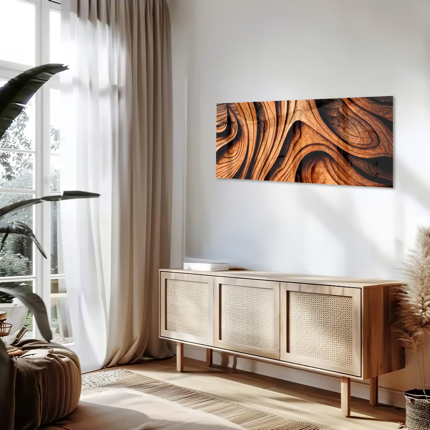 Glas schilderij met houtstrukturen in warme tinten, perfect voor wanddecoratie.