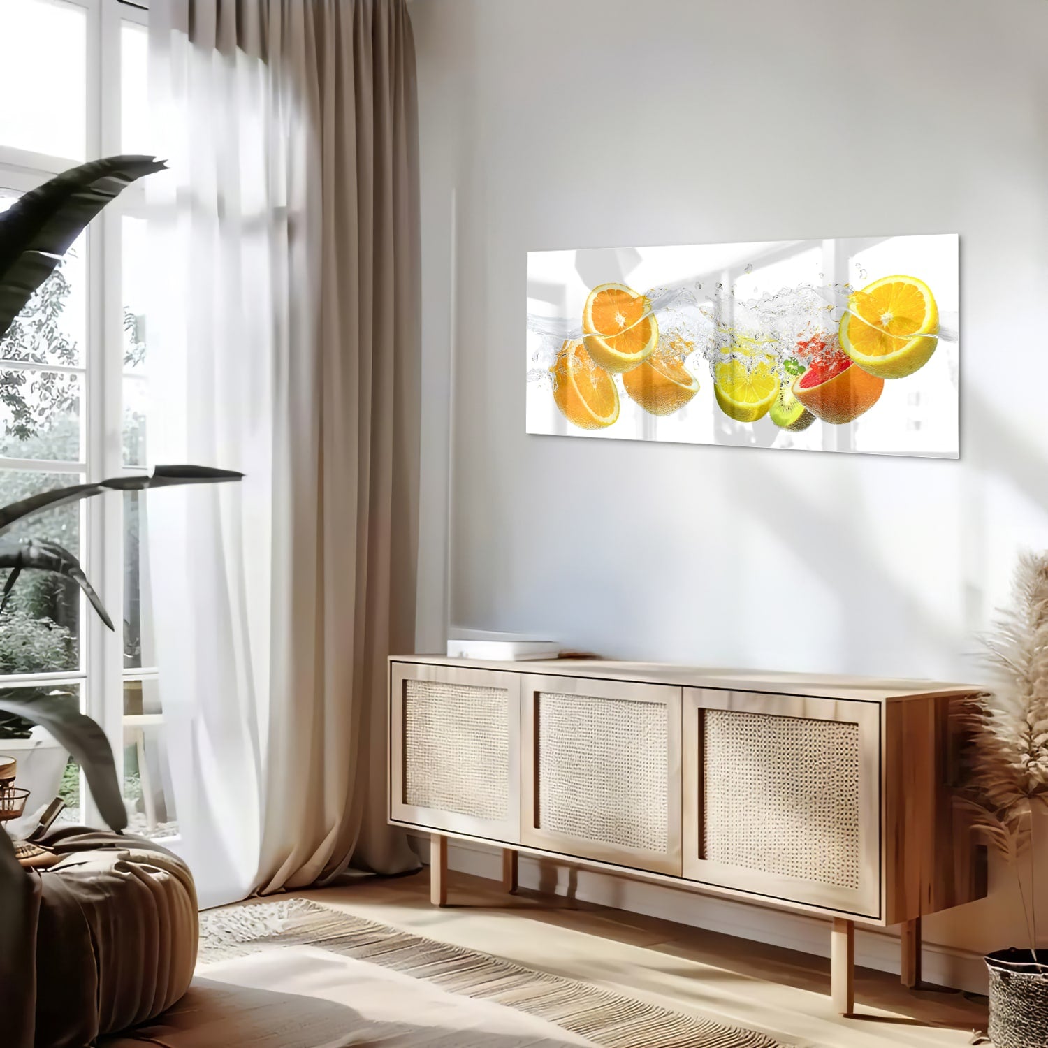 Glazen schilderij met sinaasappels en limoenen in water.