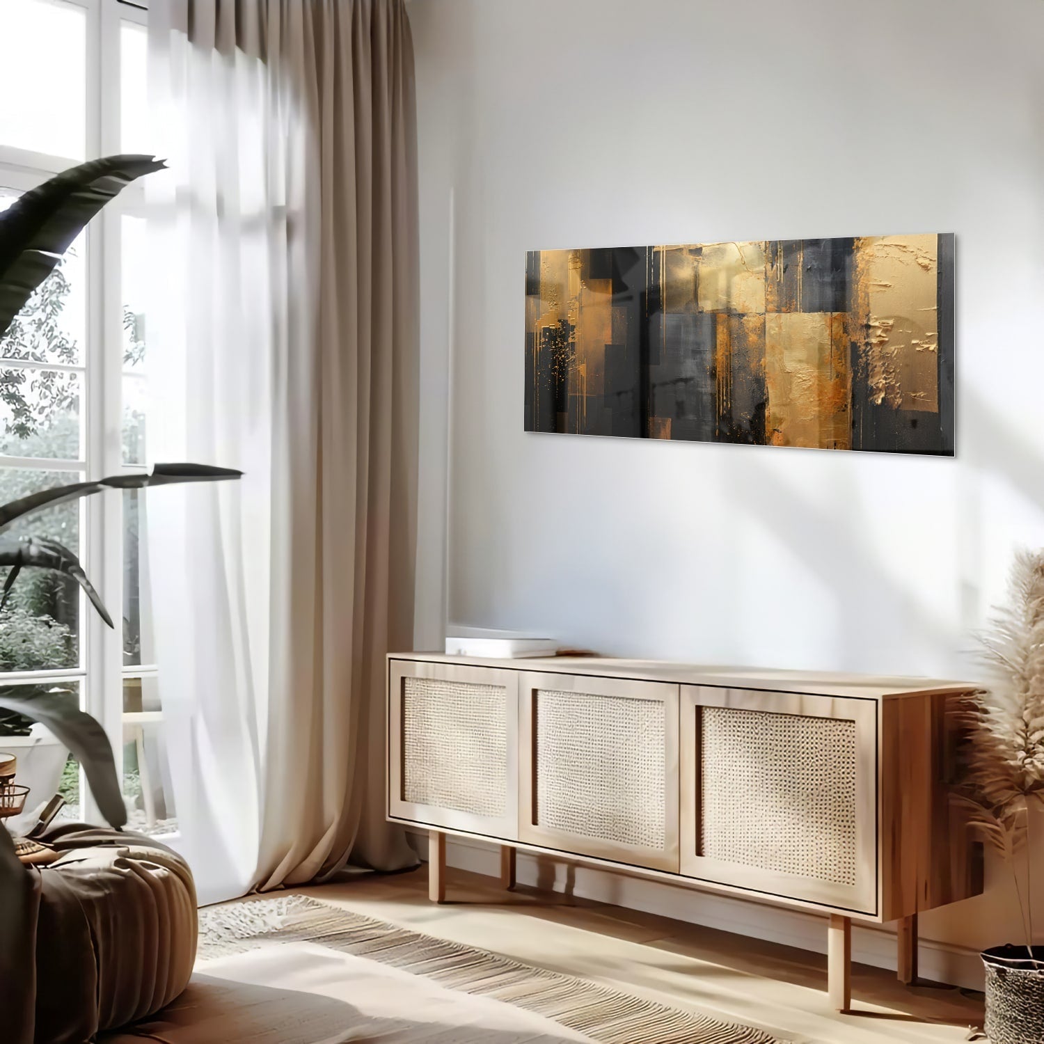 Abstract glazen schilderij in goud en zwart, perfect voor moderne interieurs.
