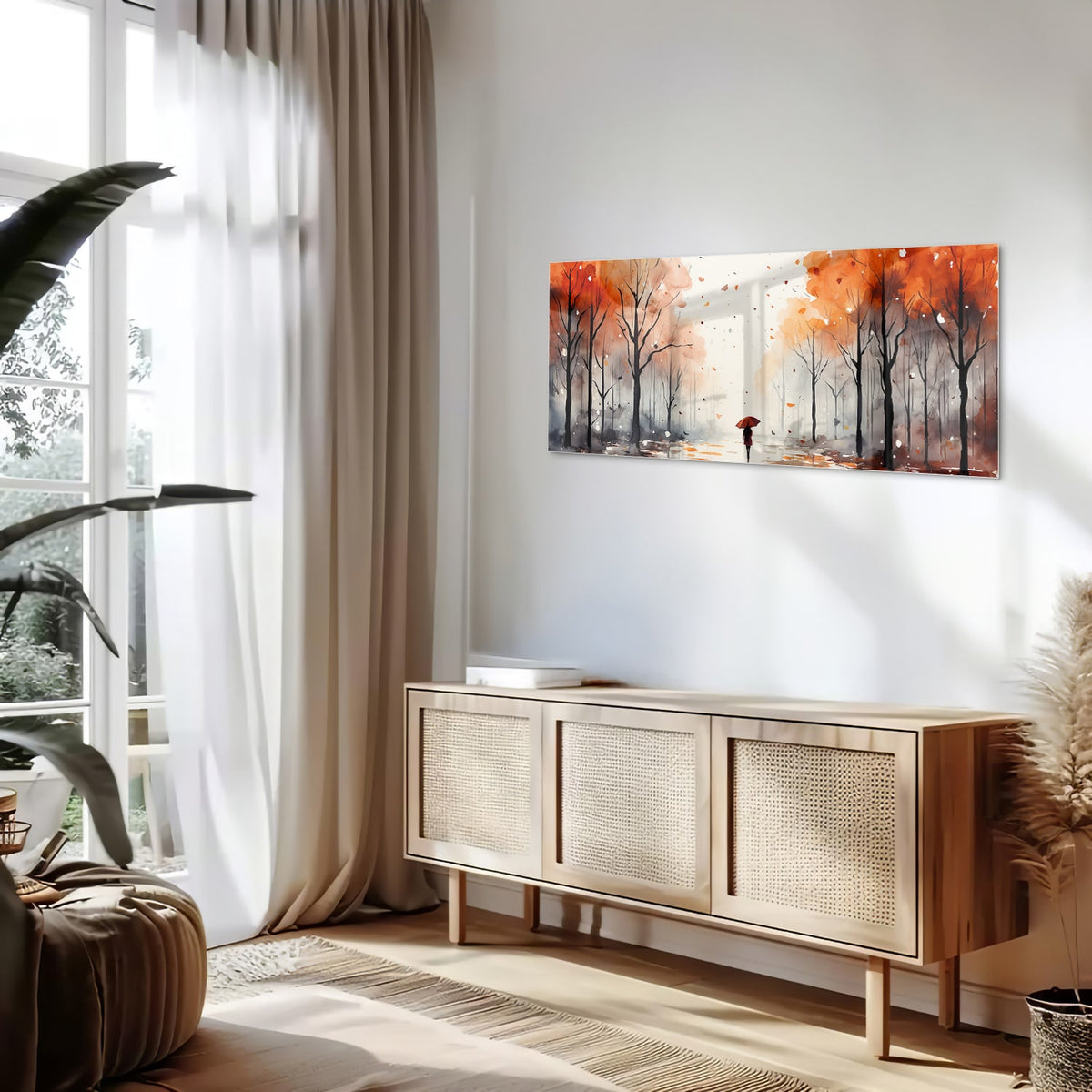 Glazen schilderij van een herfstlandschap met een wandelaar en kleurrijke bomen.