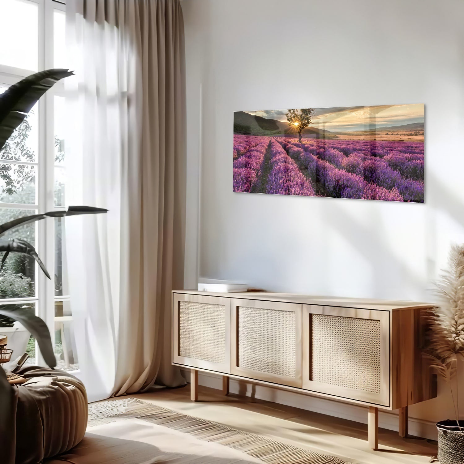 Glazen schilderij van paarse lavendelvelden tijdens de zonsondergang