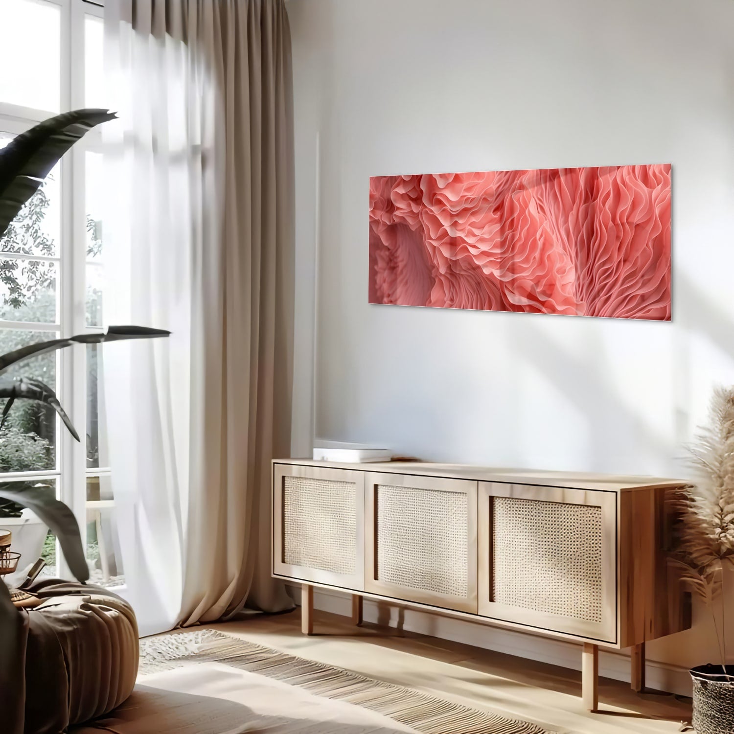 Abstract glazen schilderij in roze met golvende patronen, perfect voor wanddecoratie.