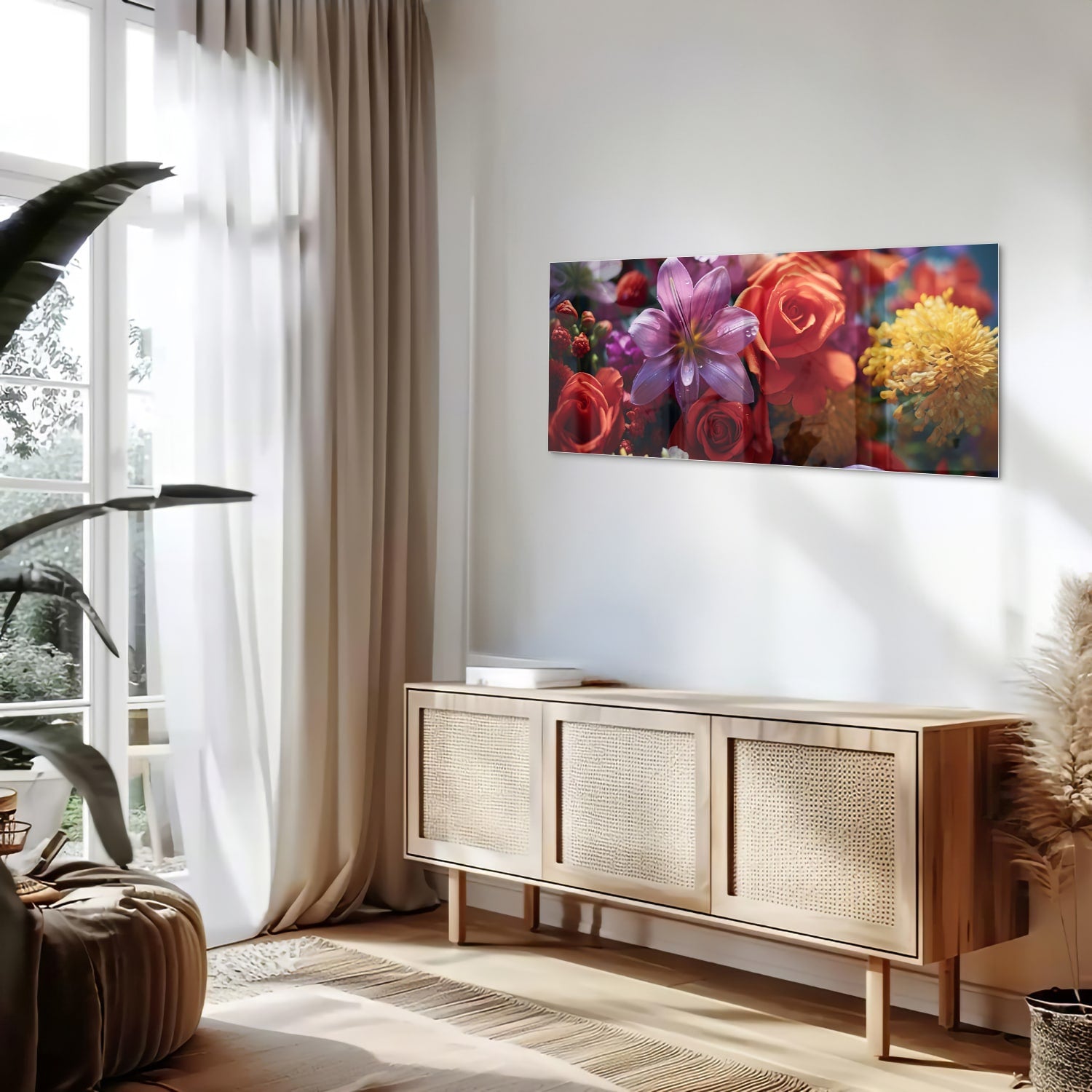 Kleurrijk glazen schilderij met een prachtige bloemencompositie.