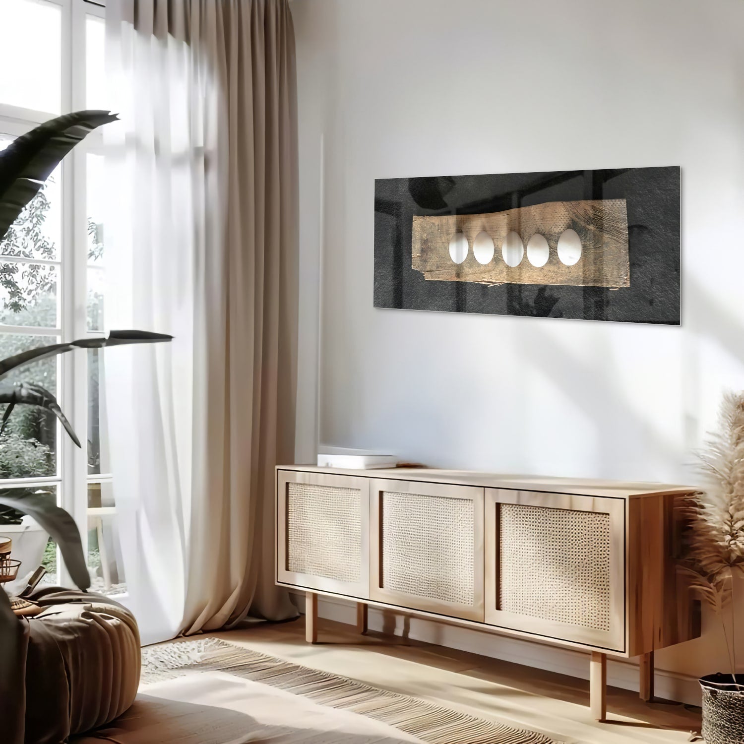 Elegant glazen schilderij met vier lichtpunten, perfect voor moderne interieurs.