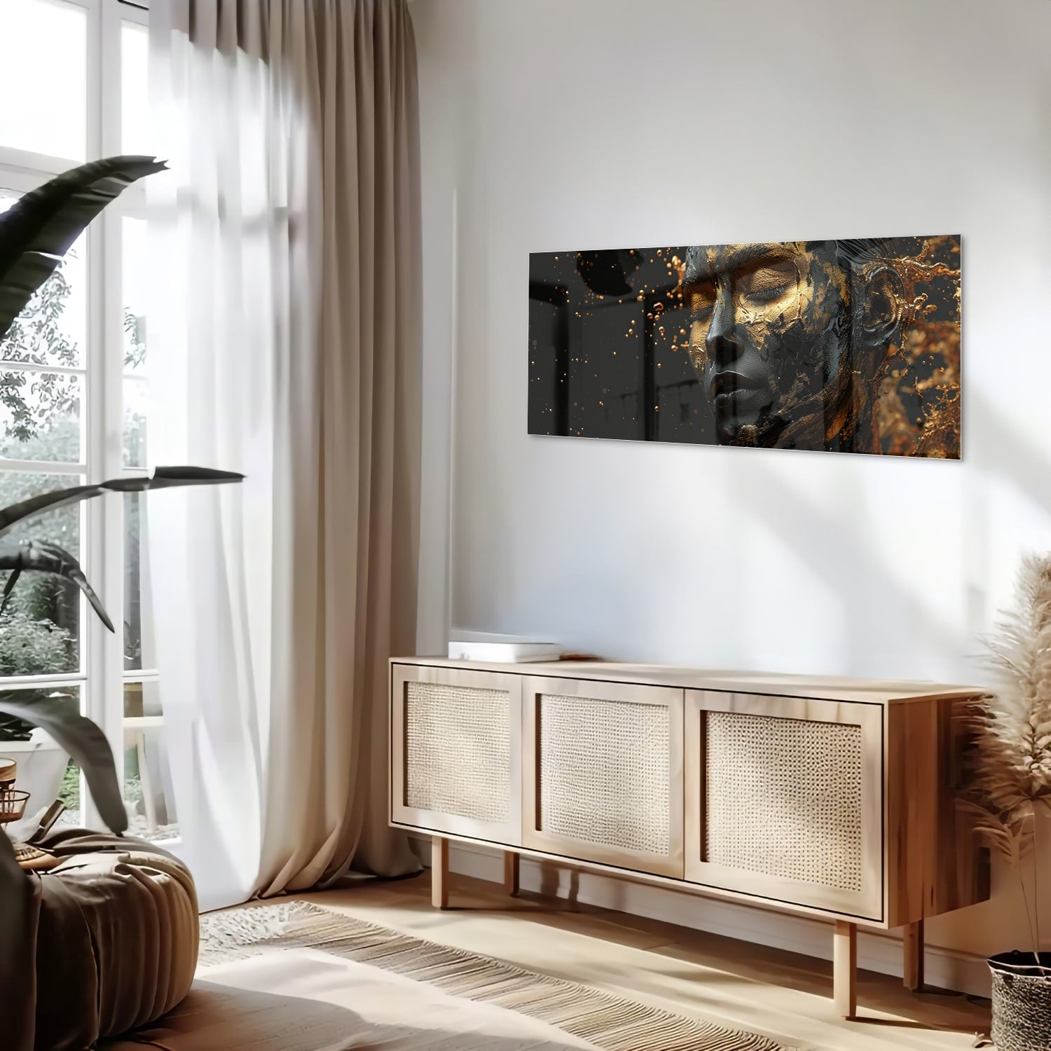 Glazen schilderij met een gouden vrouwelijk portret aan de muur