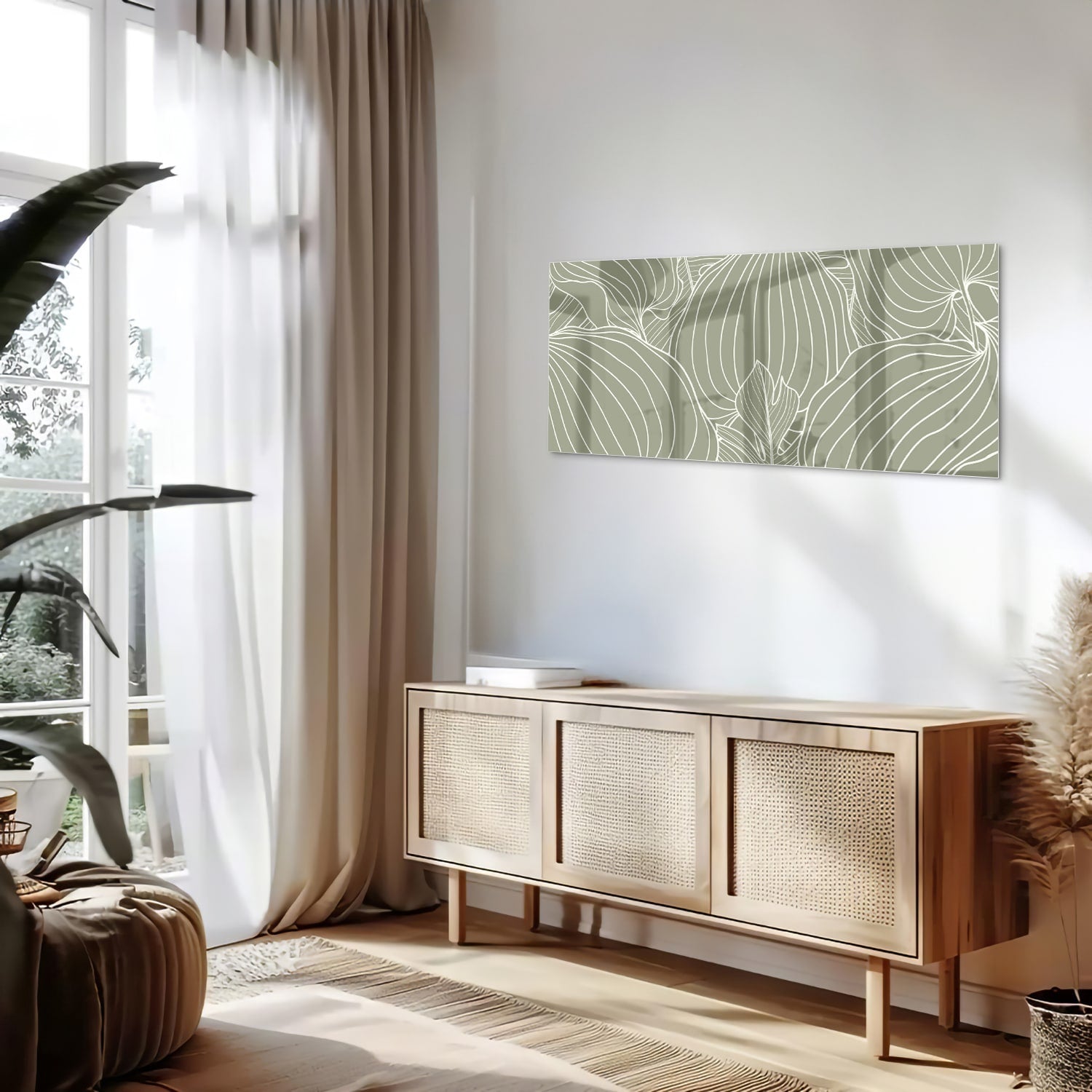 Glazen schilderij met lijnen in aardetinten aan de muur, stijlvolle woonkamer