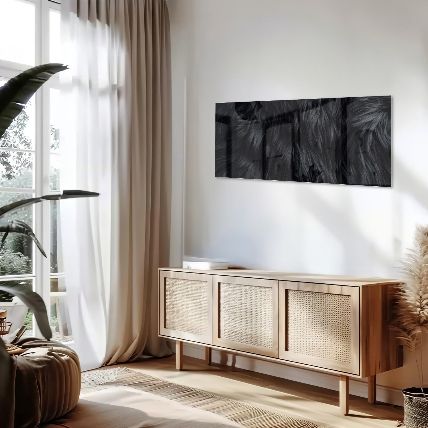 Zwart glazen schilderij met abstracte patronen aan de muur