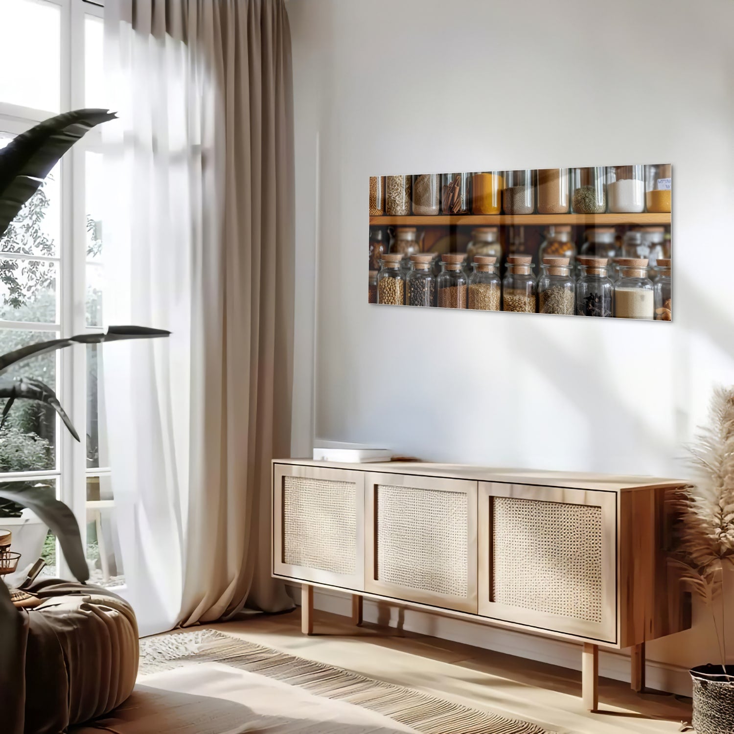 Glazen schilderij met een houten plank vol Mason jars gevuld met specerijen.
