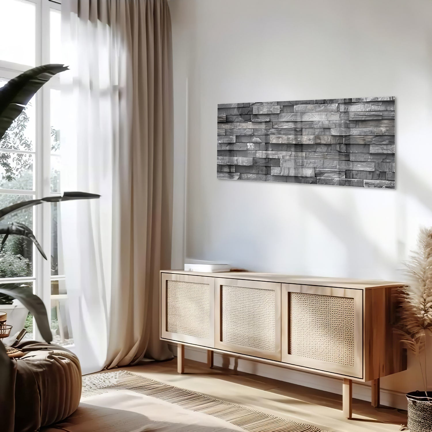 Moderne glazen schilderij met grijze texturen aan een lichte muur.