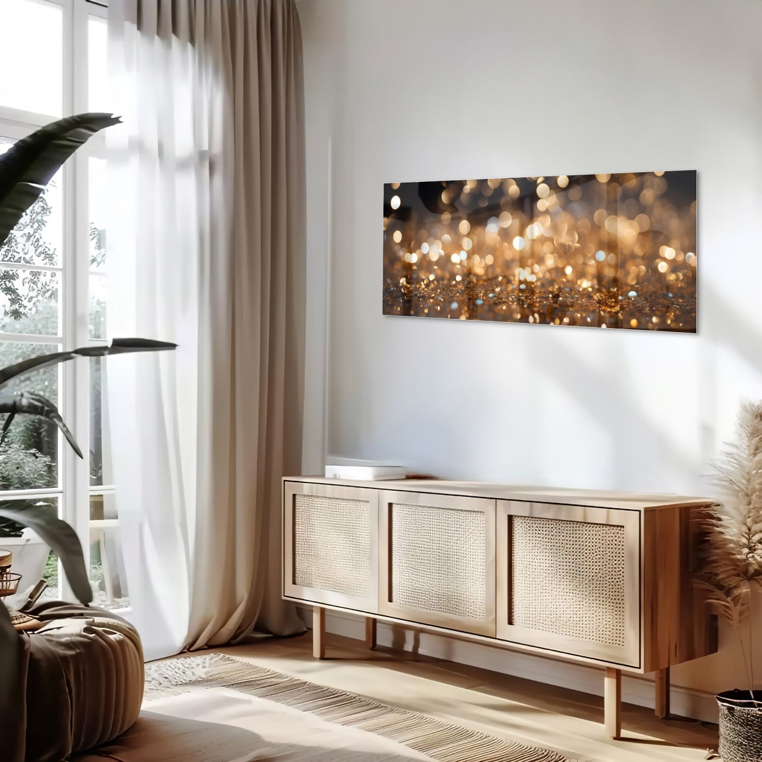 Glazen schilderij met gouden bokeh-effect aan de muur in een moderne woonkamer.