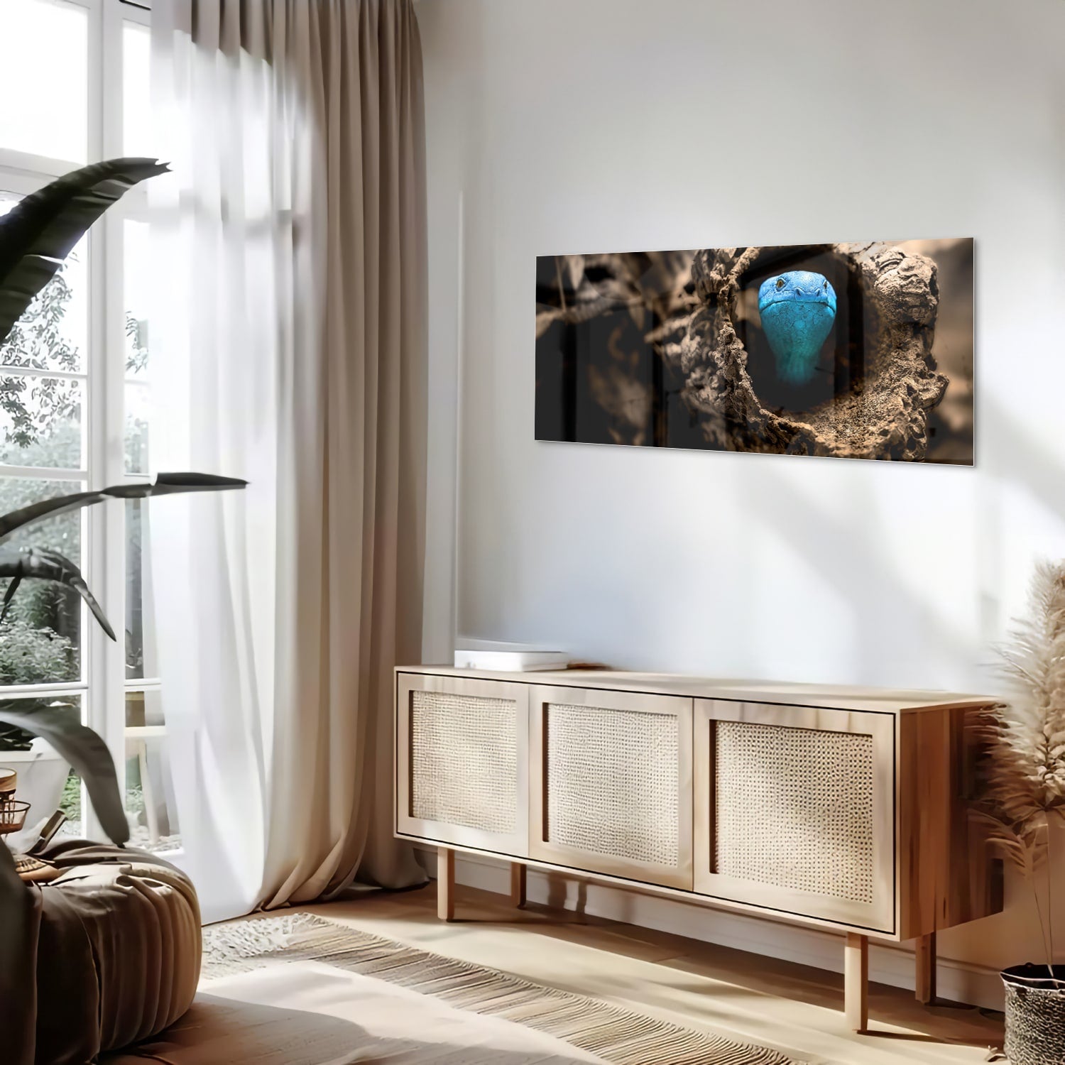 Glas schilderij met een blauwe parel in een nest, stijlvol en modern.
