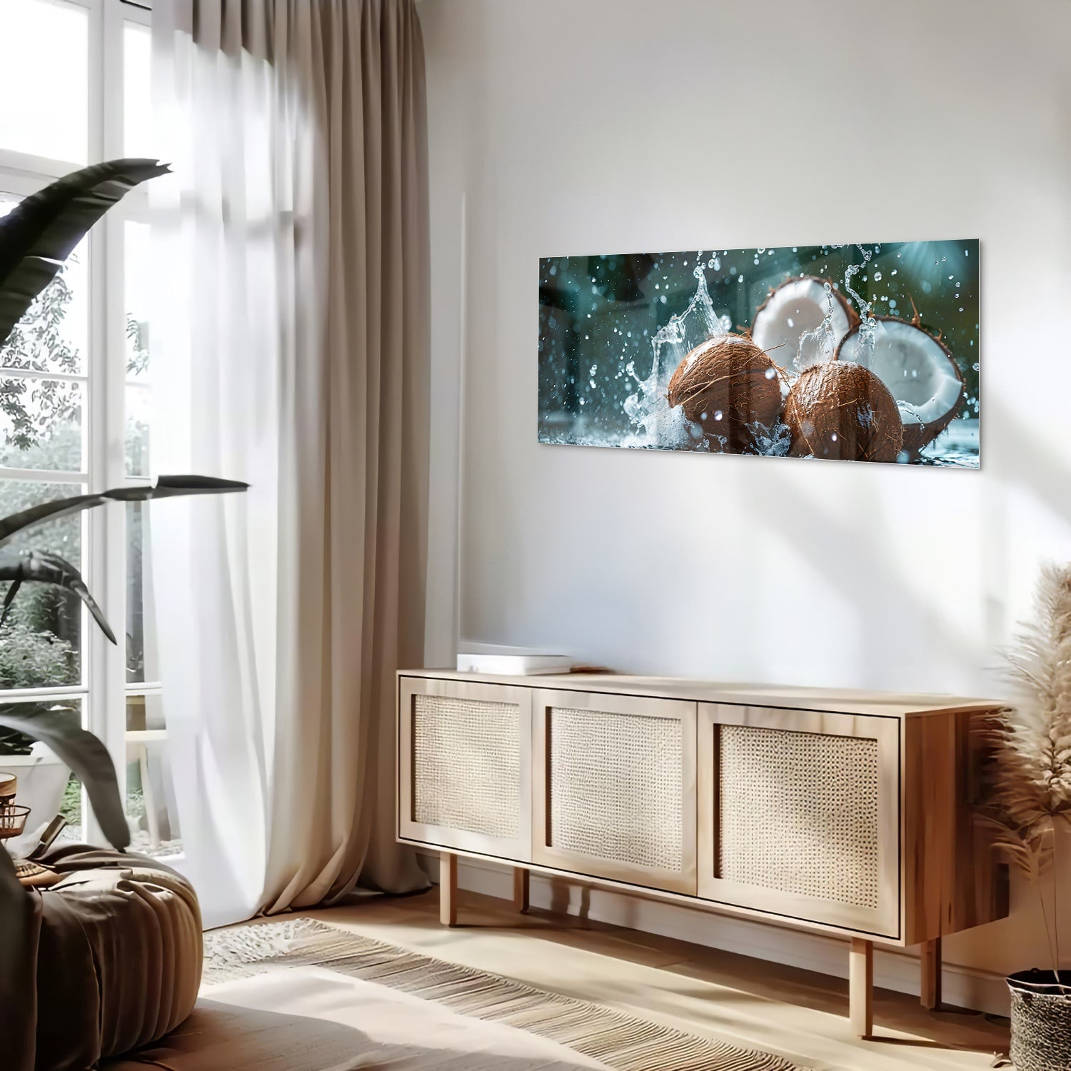 Glas schilderij van kokosnoten met spetters water, perfect voor wanddecoratie.