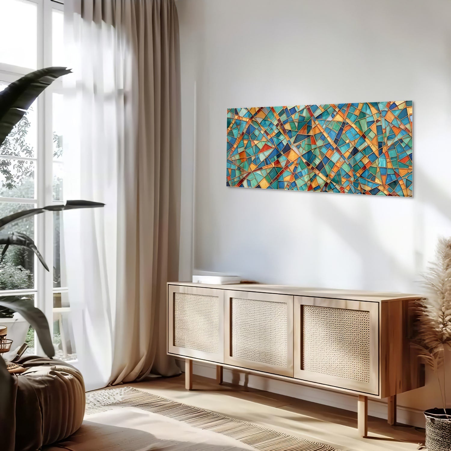 Kleurrijk abstract glazen schilderij aan de muur boven een houten meubel.