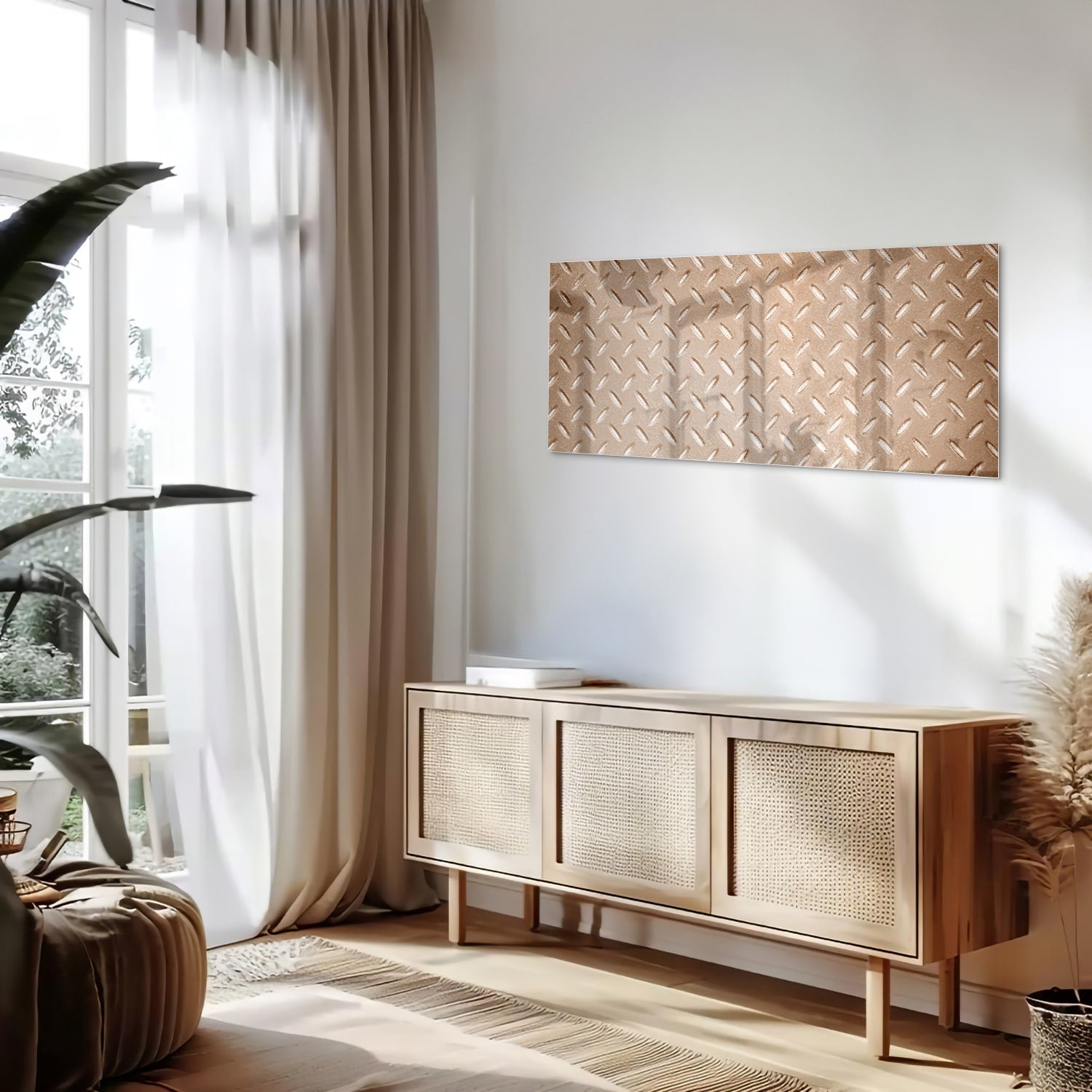 Glazen schilderij met een geometrisch patroon aan de muur in een stijlvolle kamer.