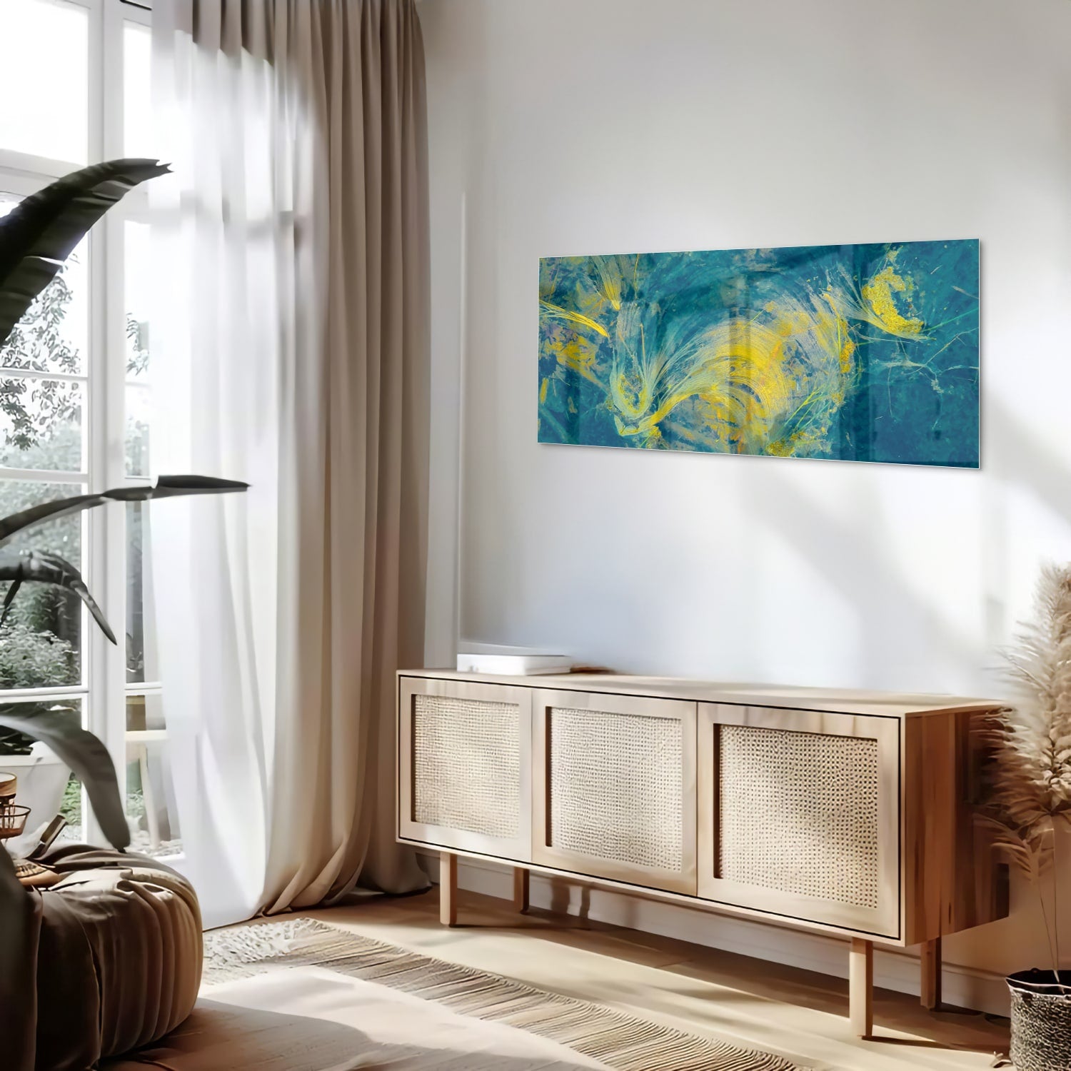 Abstract glazen schilderij met blauw en geel dat aan de muur hangt