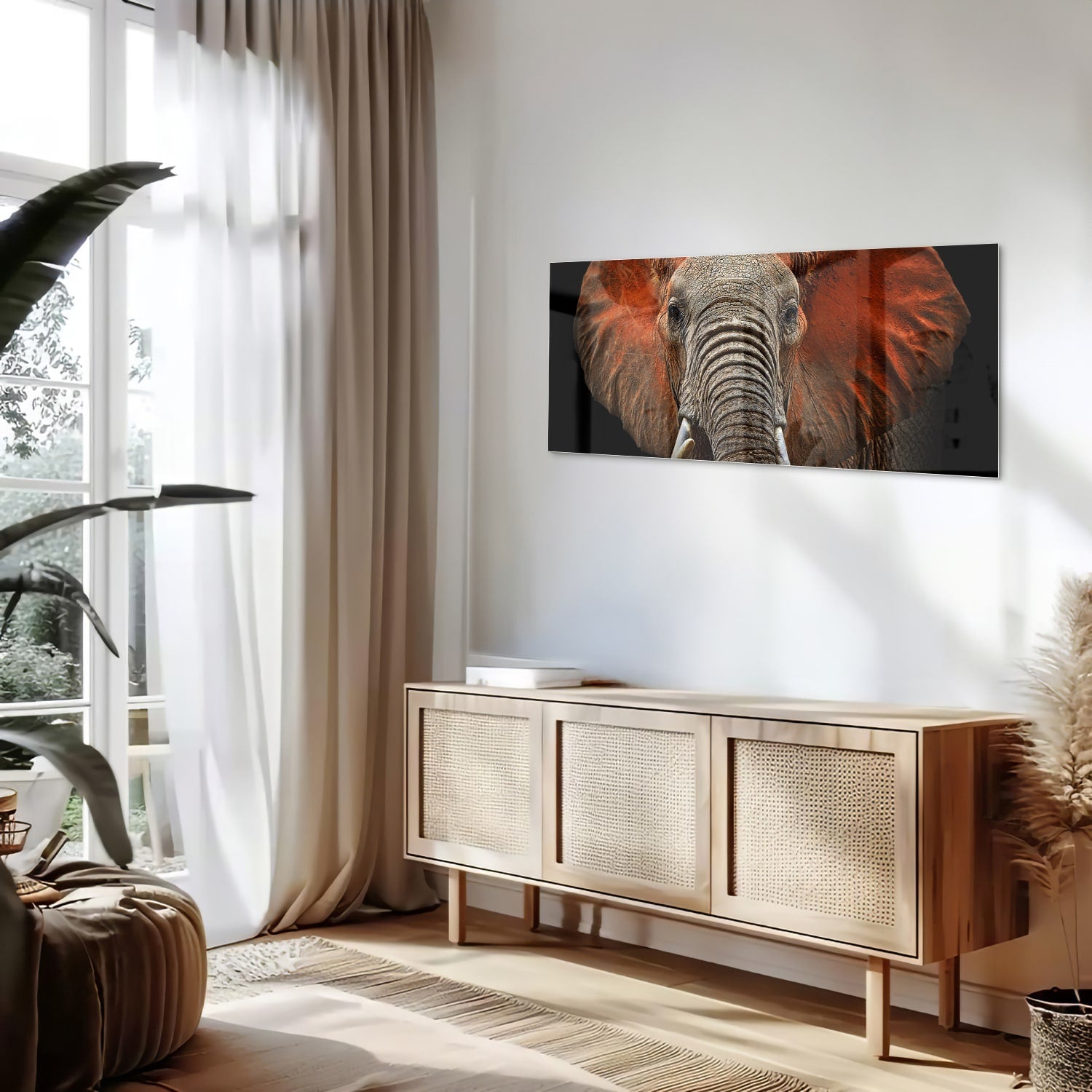 Glazen schilderij van een olifant met kleurrijke oren, prachtig voor aan de muur.