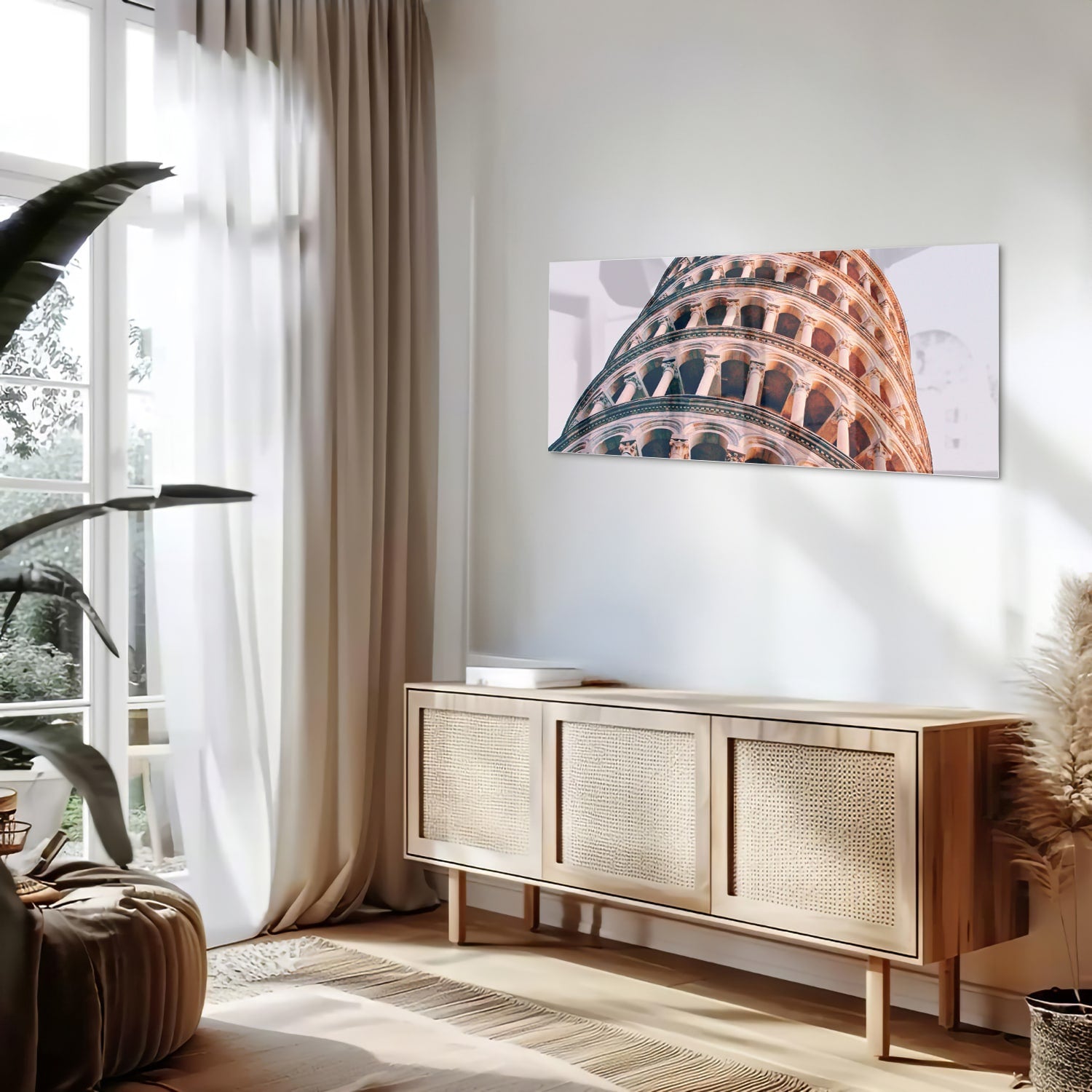 Glazen schilderij van de Scheve Toren van Pisa in warm tinten