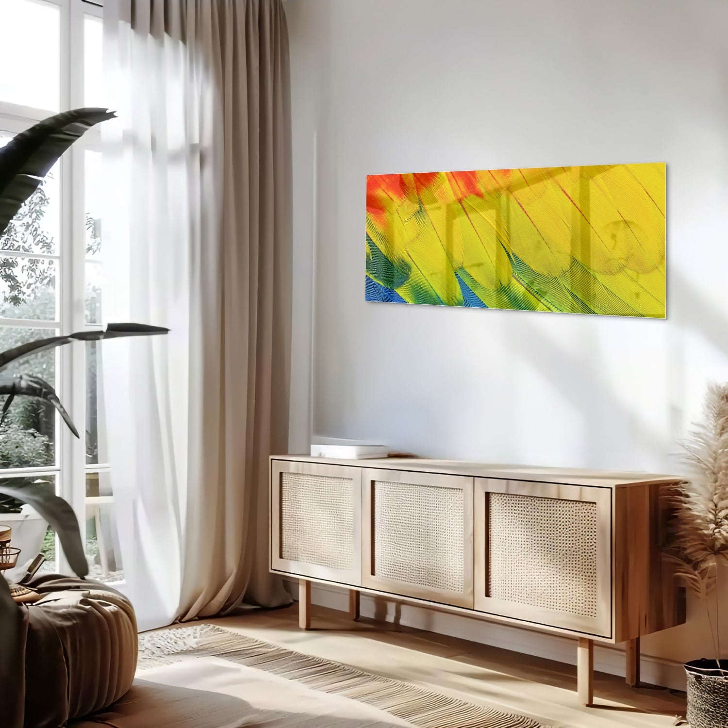 Abstract glazen schilderij met kleurrijke golven in rood, geel en blauw