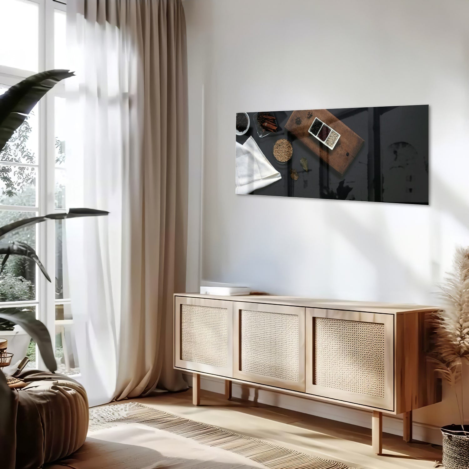 Glazen schilderij met een houten plank, koffie en notities op een tafel
