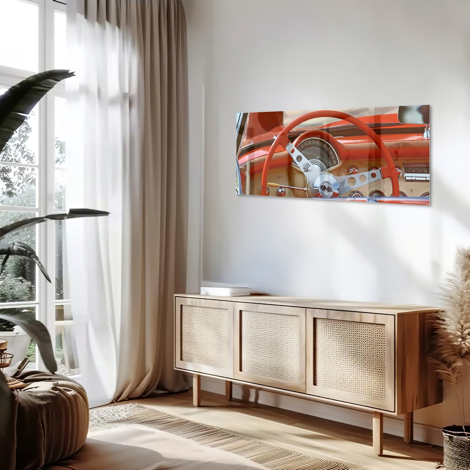 Glazen schilderij van een retro auto interieur met een rood stuur