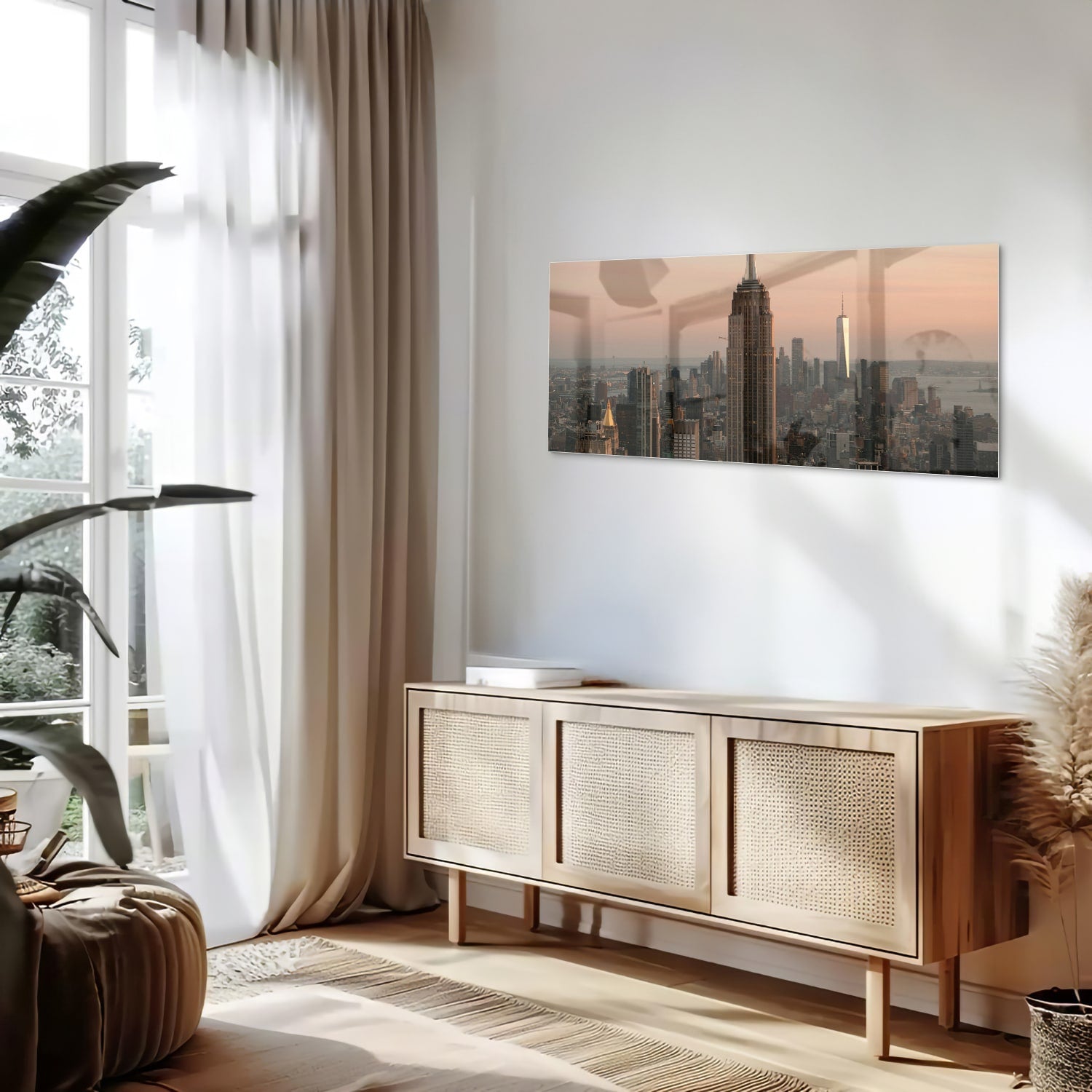 Glazen schilderij van de Empire State Building met een mooie zonsondergang