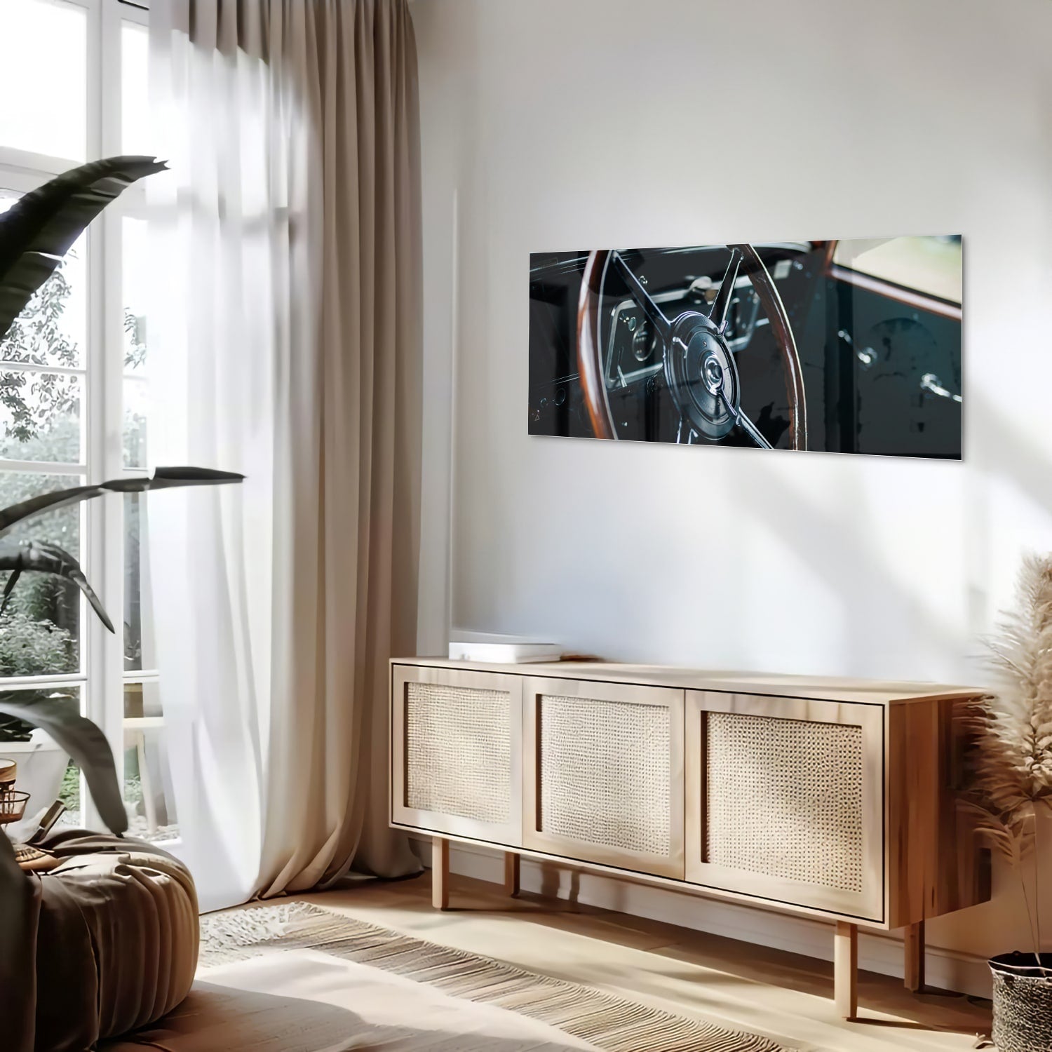Glazen schilderij van een vintage autostuur aan de muur