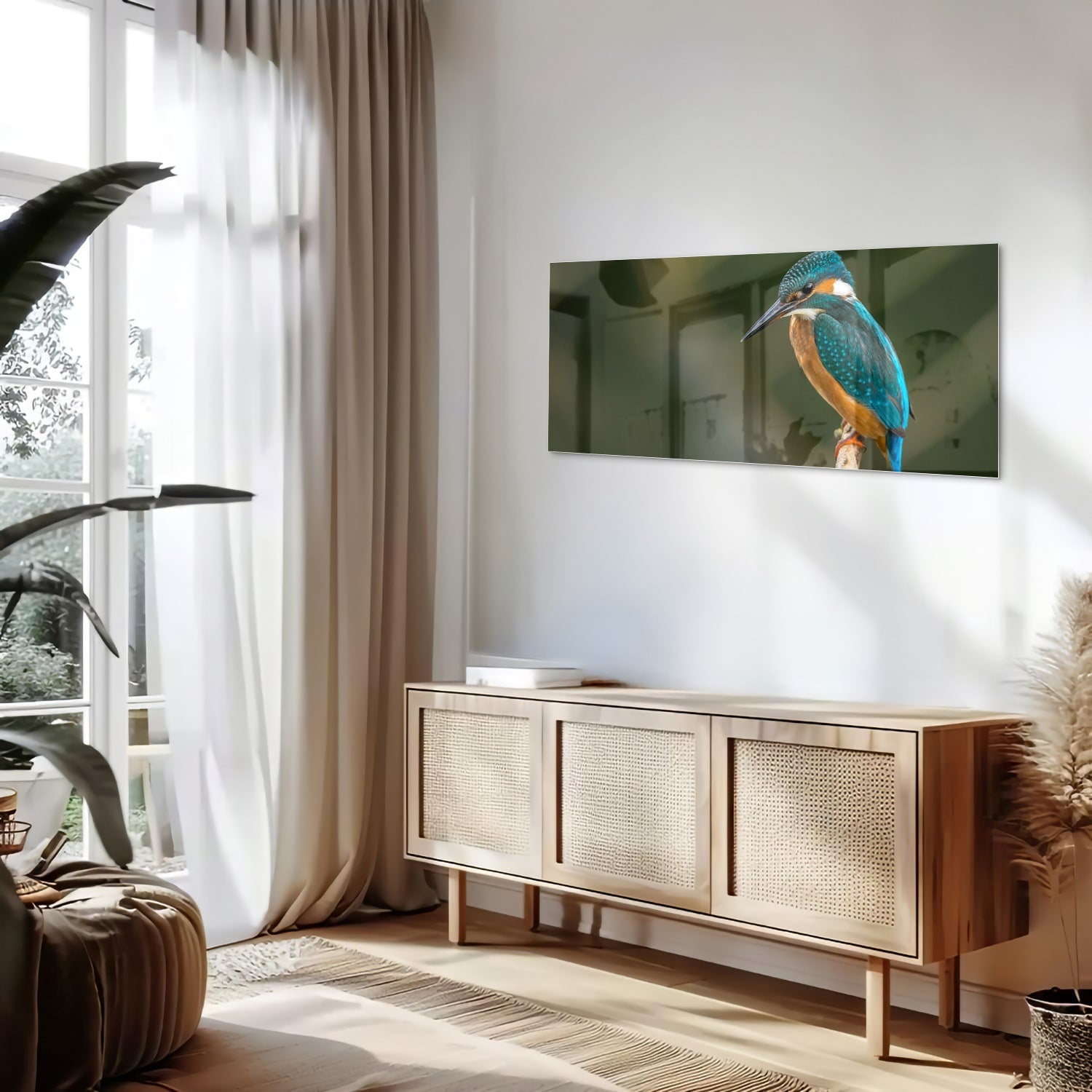 Een glazen schilderij van een ijsvogel die op een tak zit, kleurrijk en gedetailleerd.