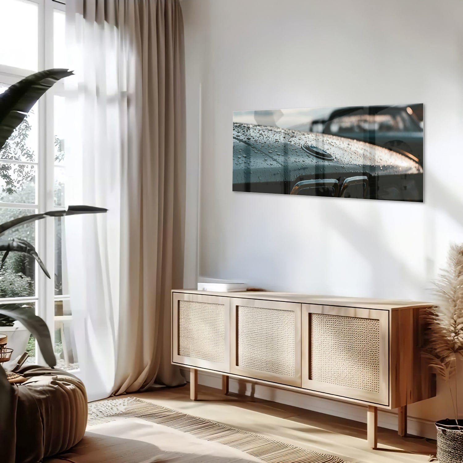 Glazen schilderij van een natte autoruit in een modern interieur