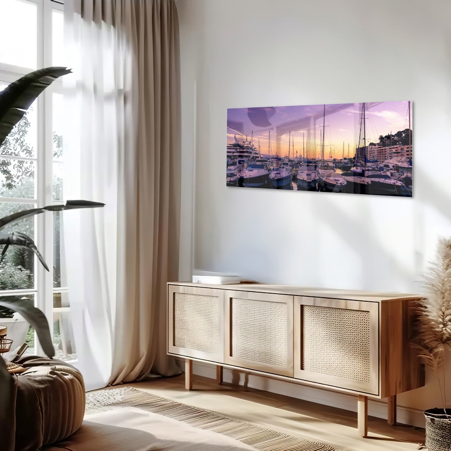 Glazen schilderij van een zonsondergang bij de haven met boten