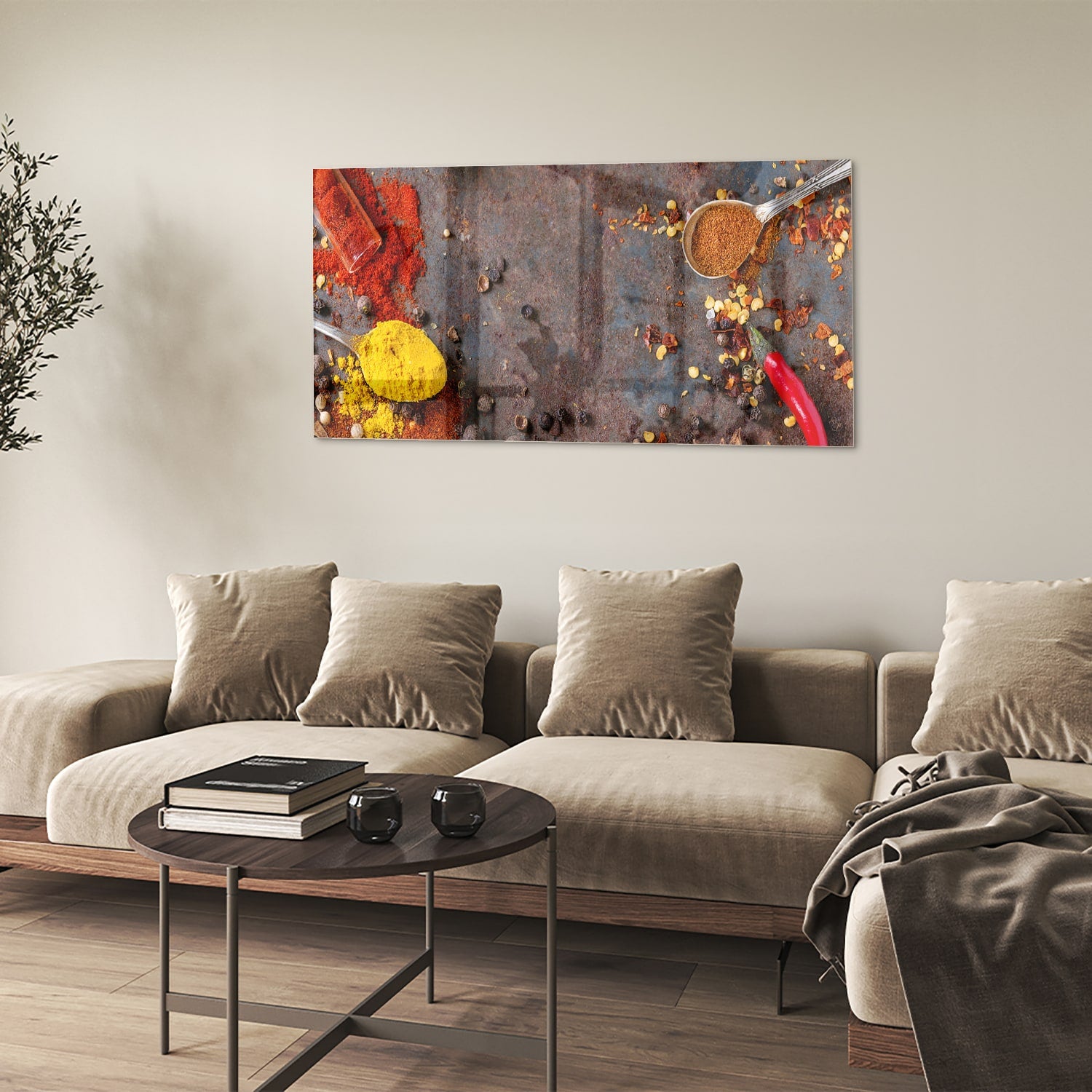 Een kleurrijk glazen schilderij met specerijen en kruiden, perfect voor keukeninrichting.