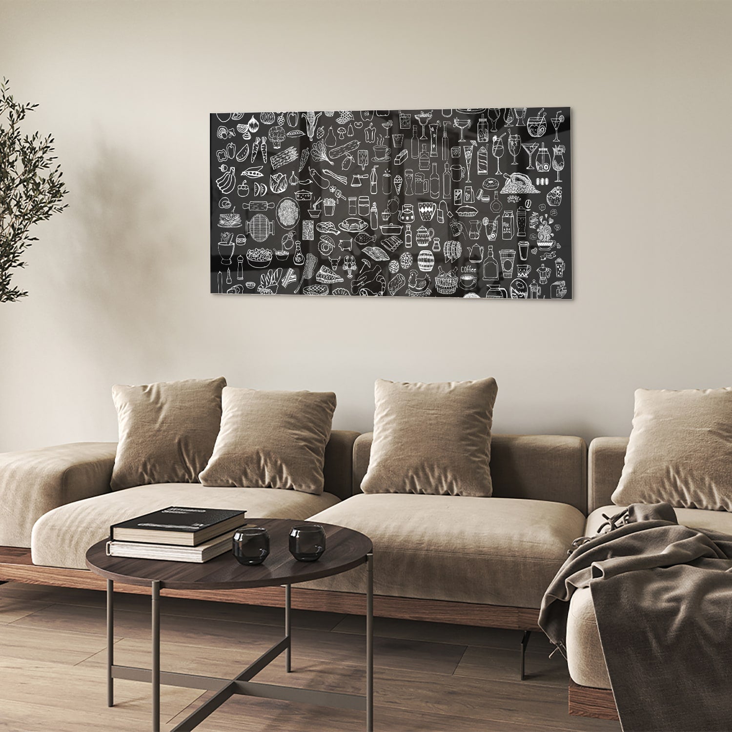 Glazen schilderij met zwart-witte illustraties aan een muur