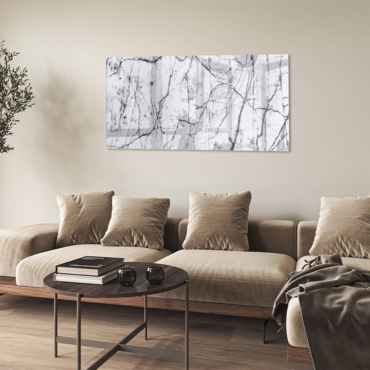 Abstract glazen schilderij met takkenstructuur in zwart-wit
