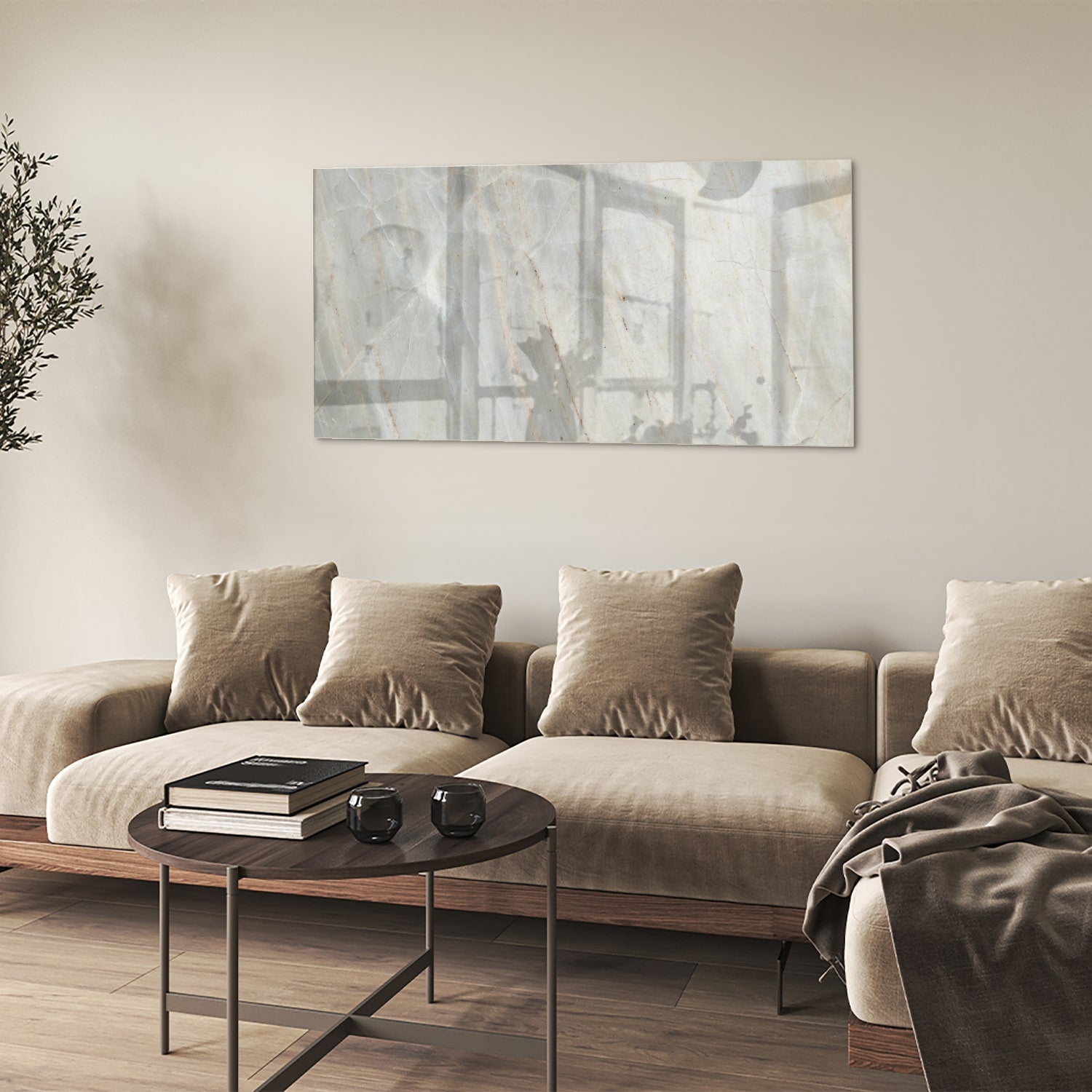 Glazen schilderij met abstracte marmeren figuren, perfect voor interieurdecoratie.